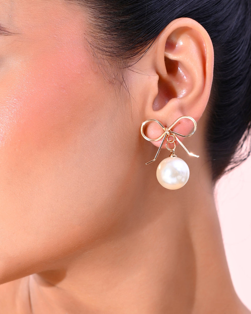 VOJ Gold-Polished Pearl & Bow Shaped Classic Drop Earrings