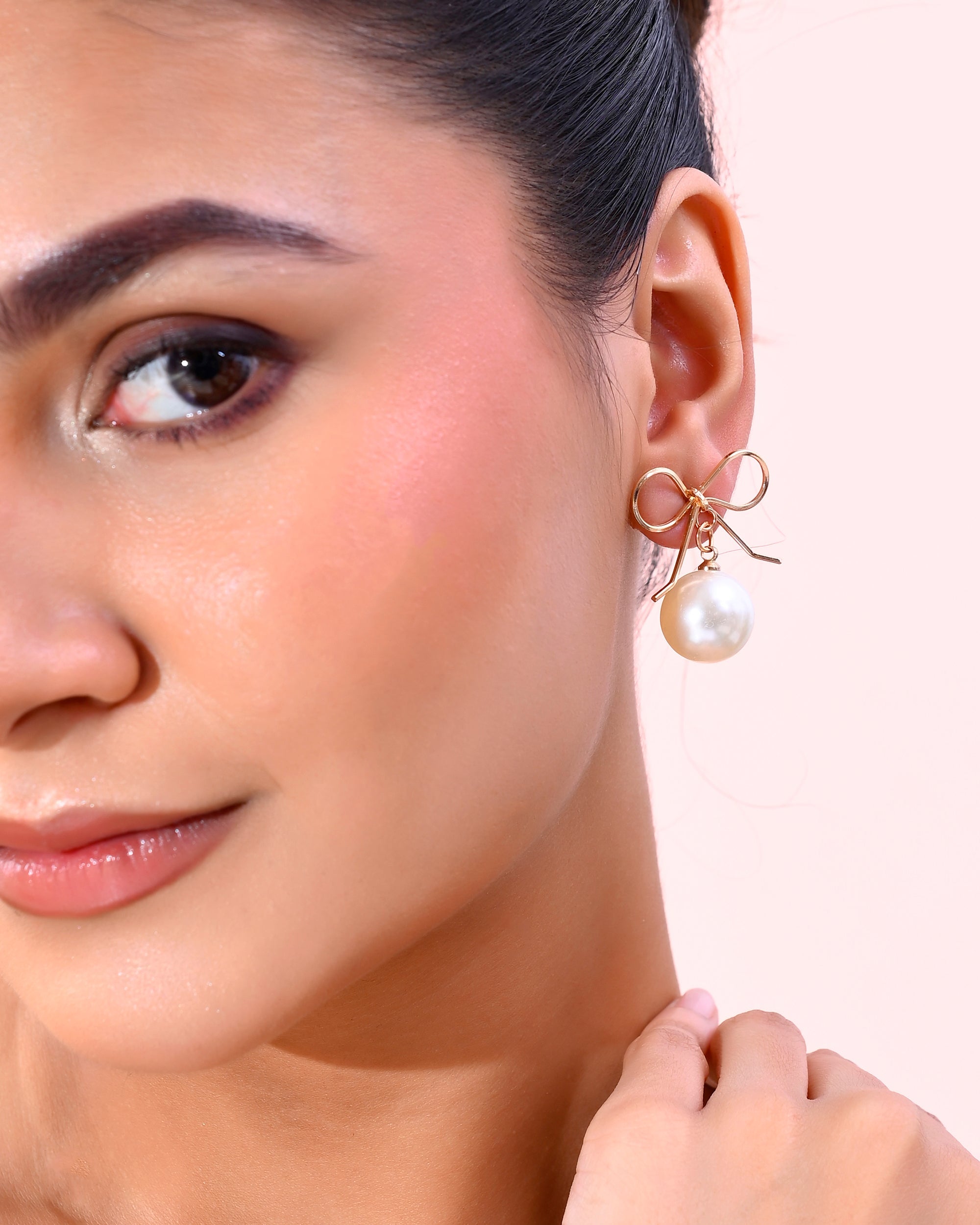 VOJ Gold-Polished Pearl & Bow Shaped Classic Drop Earrings