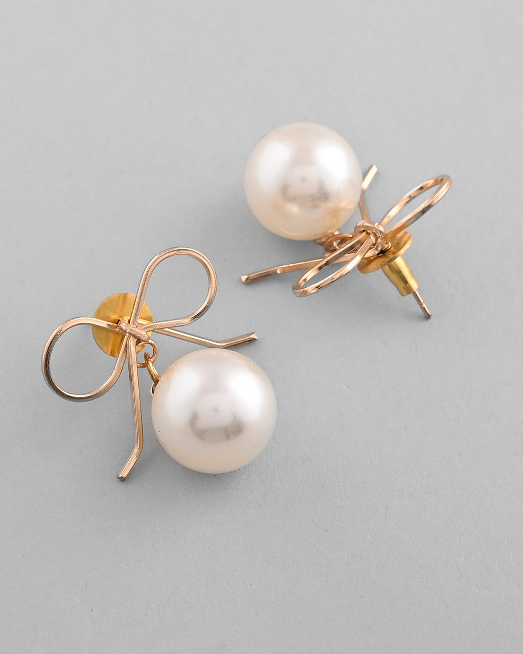 VOJ Gold-Polished Pearl & Bow Shaped Classic Drop Earrings