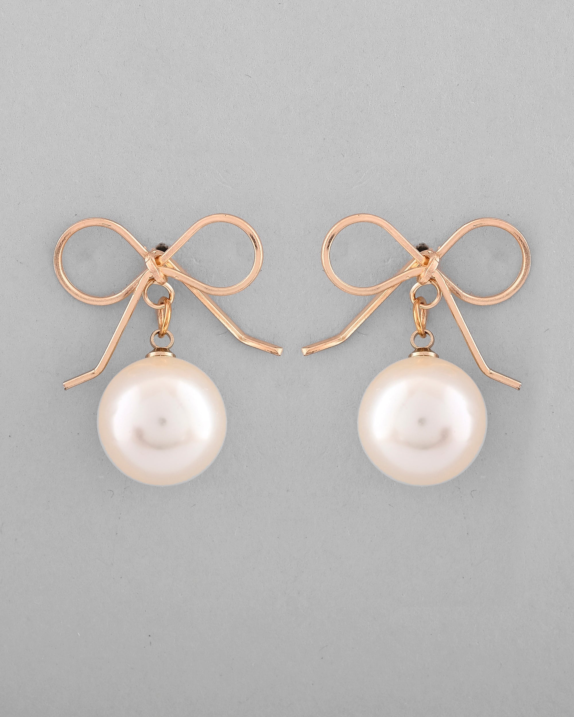 VOJ Gold-Polished Pearl & Bow Shaped Classic Drop Earrings
