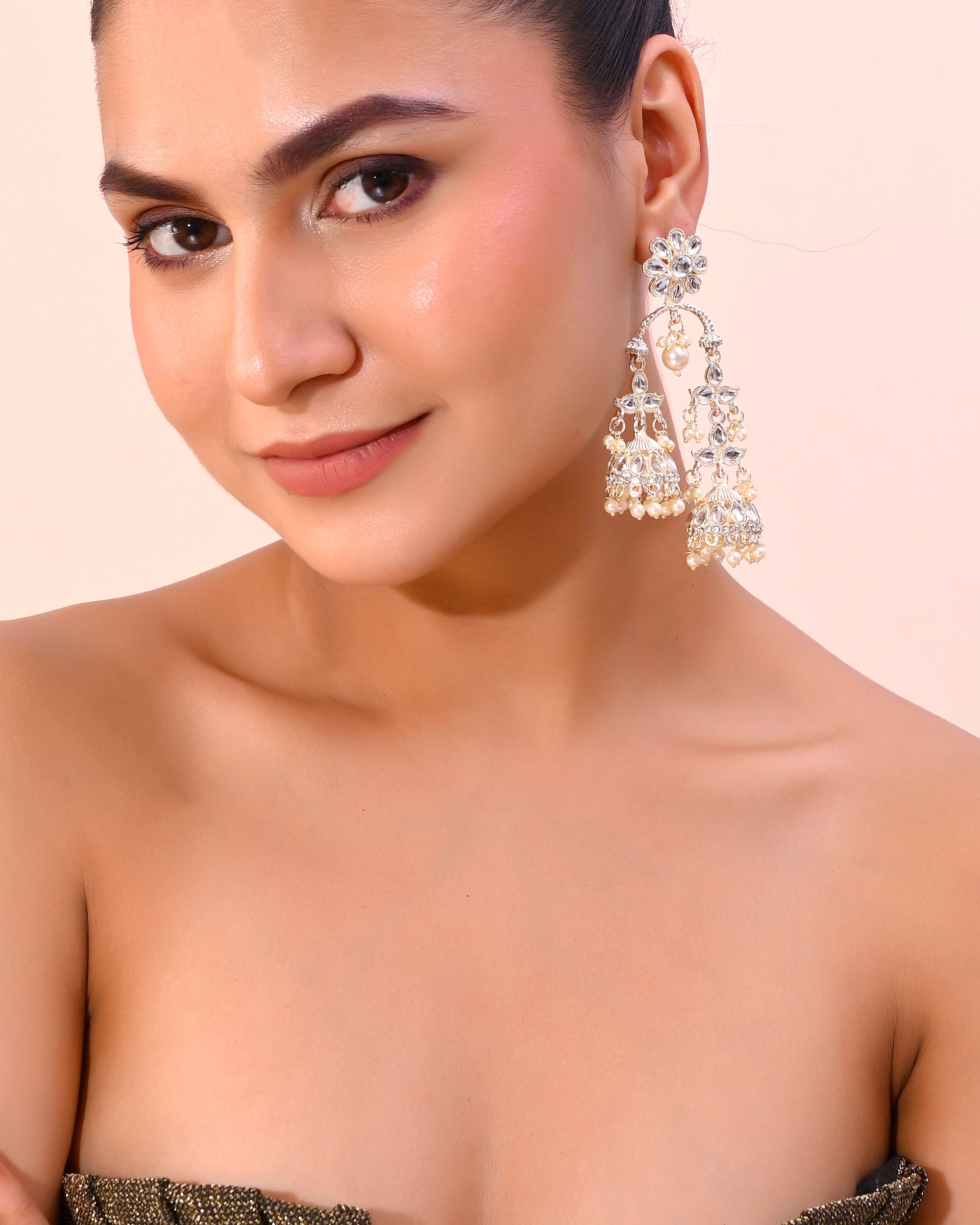 VOJ Gold-Polished Kundan Contemporary Up & Down Jhumka Earrings