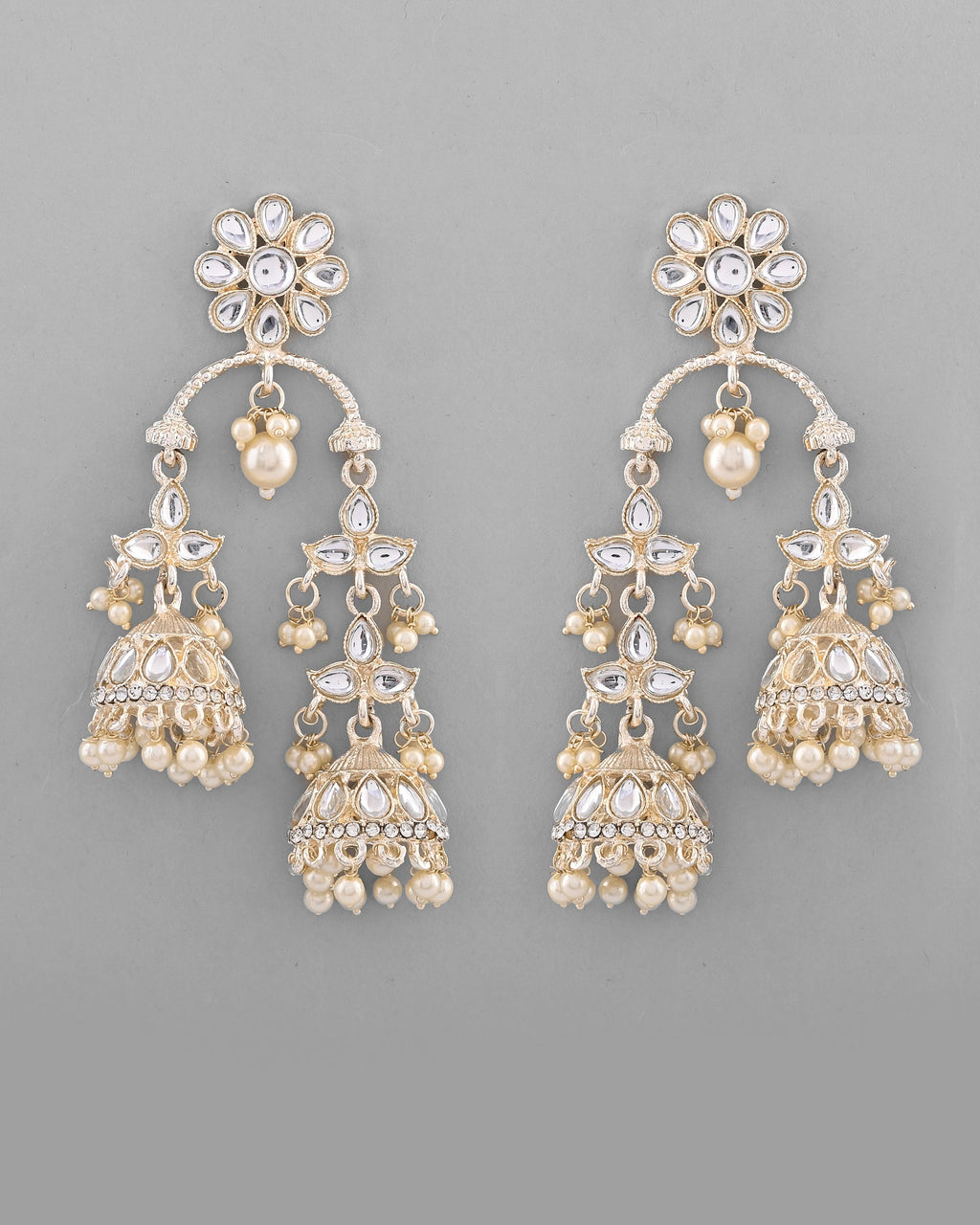 VOJ Gold-Polished Kundan Contemporary Up & Down Jhumka Earrings