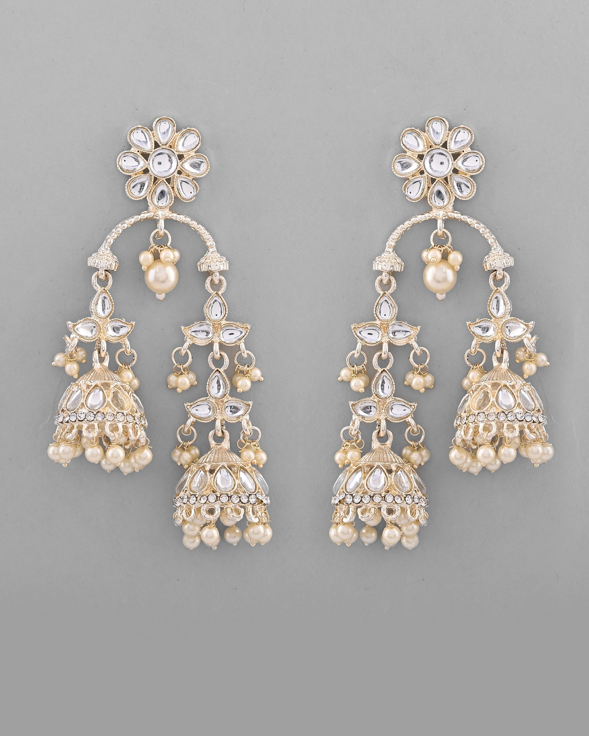 VOJ Gold-Polished Kundan Contemporary Up & Down Jhumka Earrings