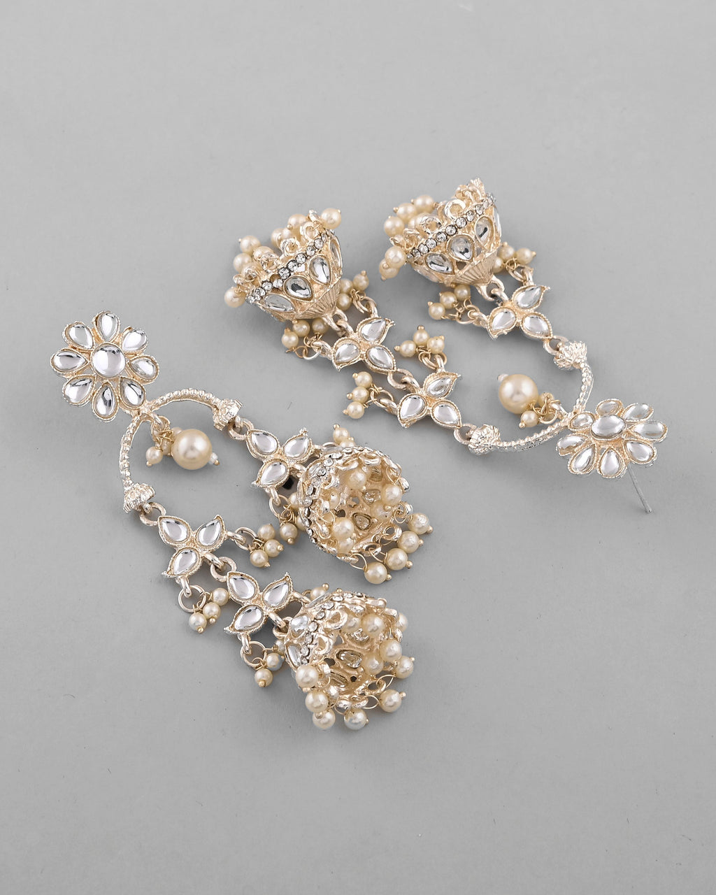 VOJ Gold-Polished Kundan Contemporary Up & Down Jhumka Earrings