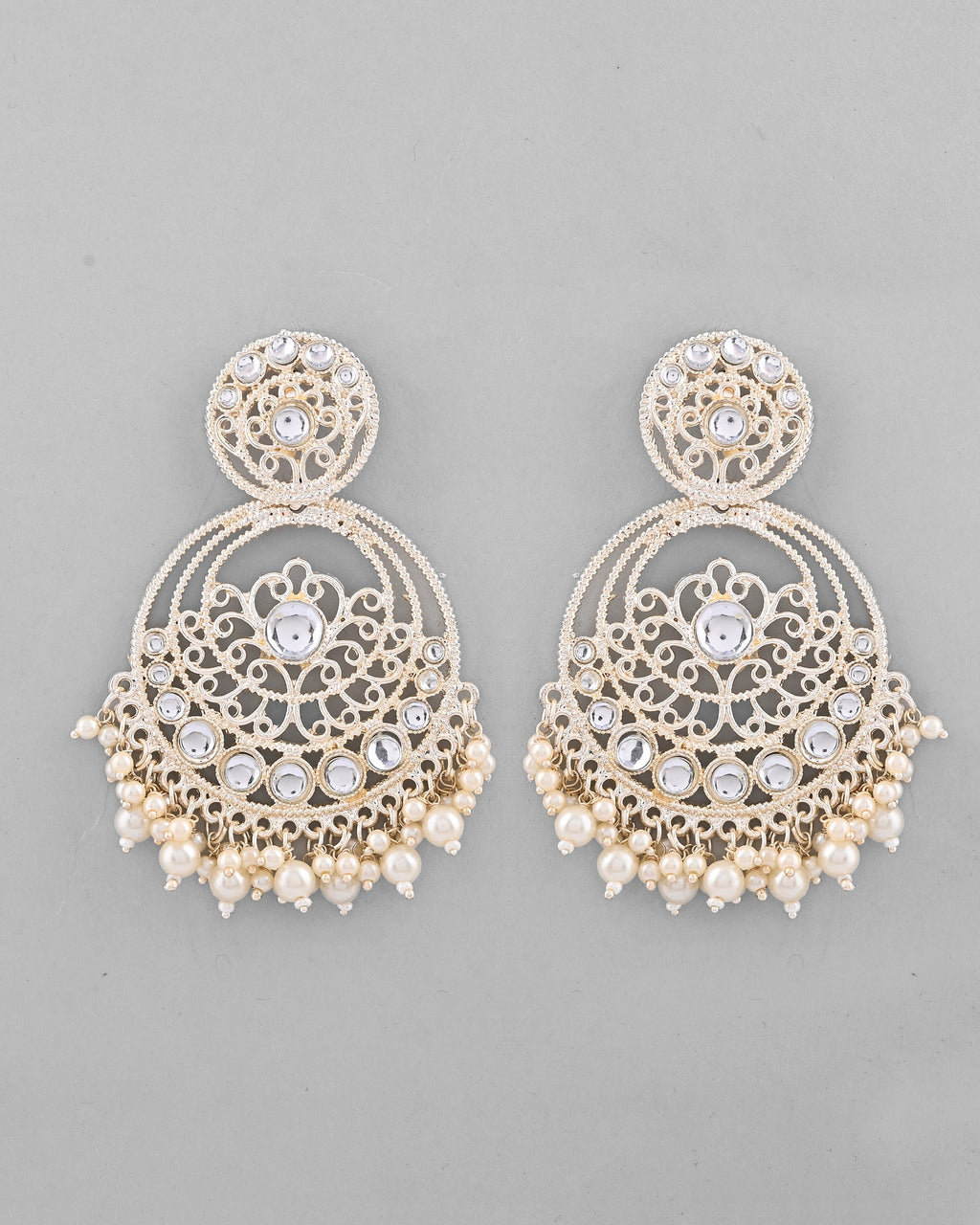 VOJ Gold-Polished Kundan Contemporary Circular Chandbaali Earrings