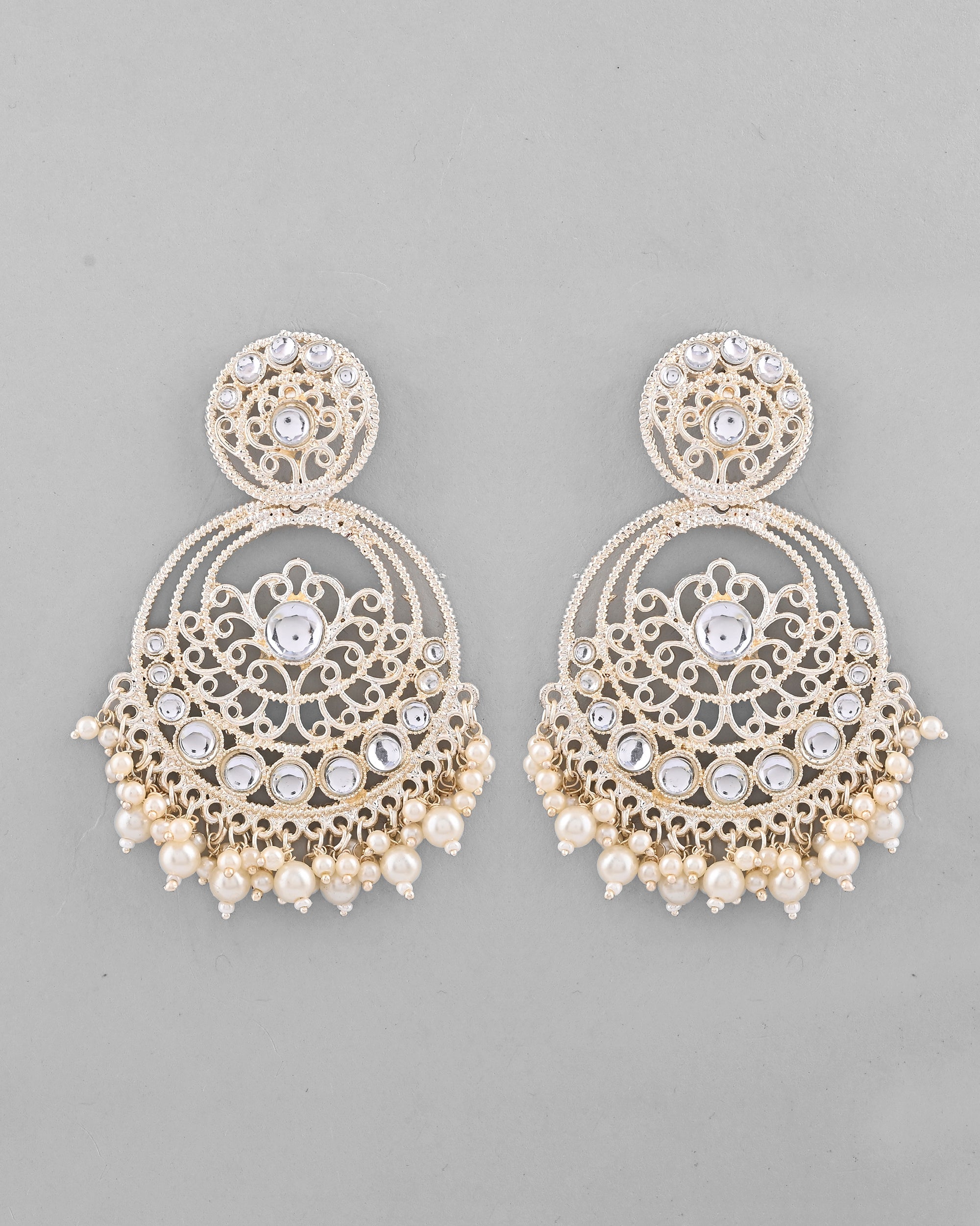 VOJ Gold-Polished Kundan Contemporary Circular Chandbaali Earrings