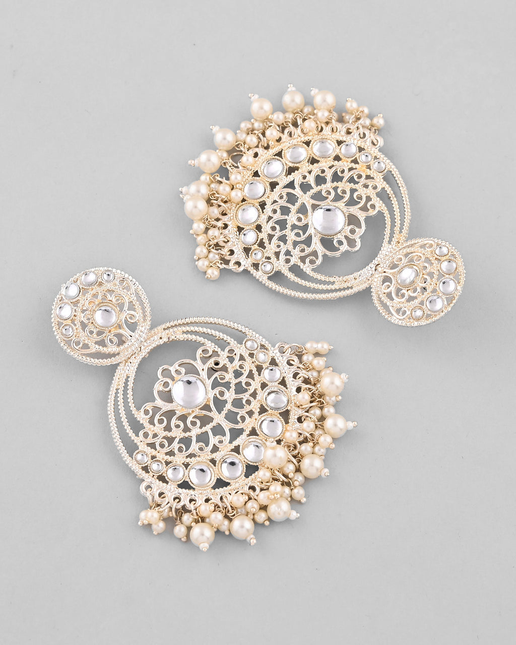 VOJ Gold-Polished Kundan Contemporary Circular Chandbaali Earrings