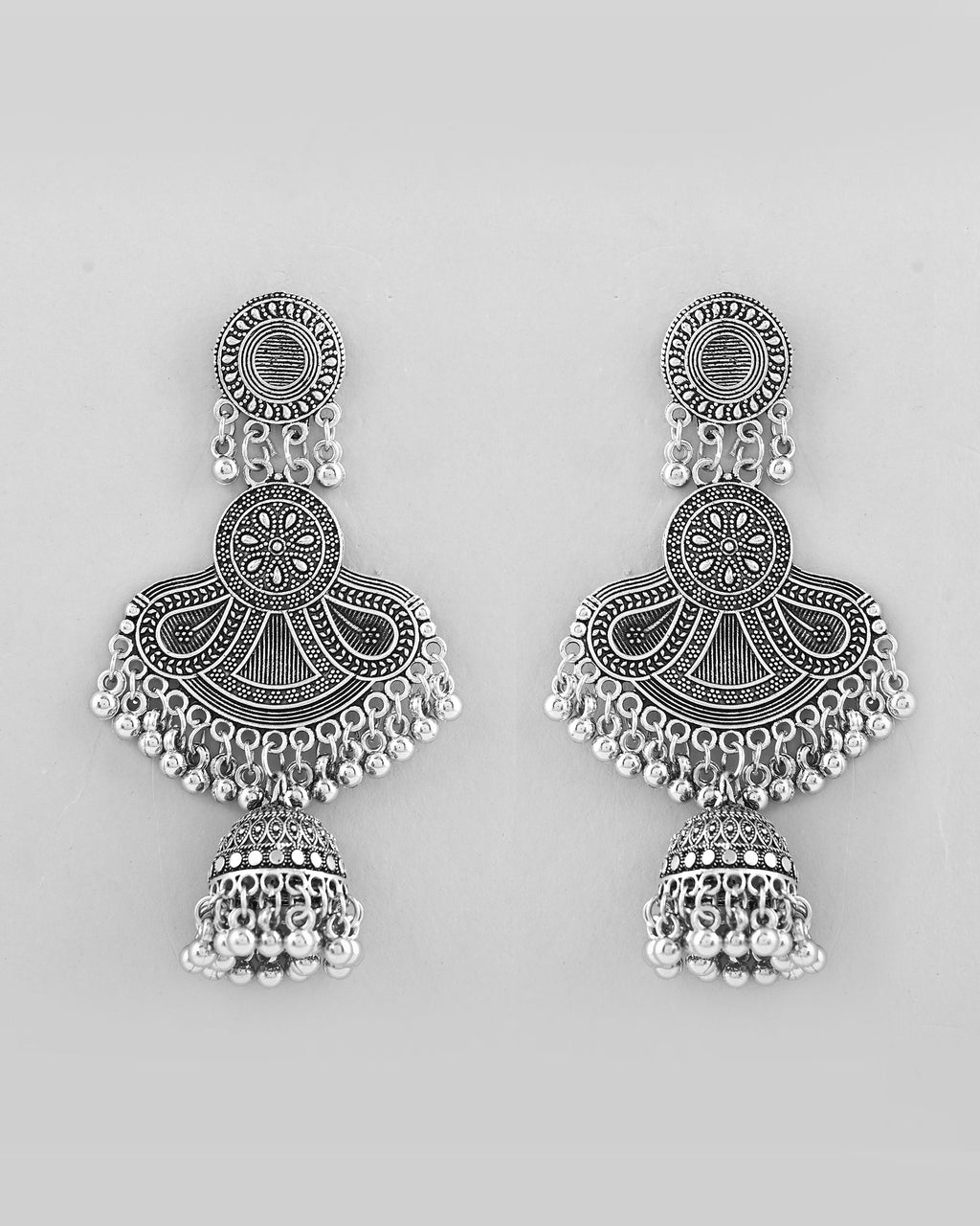 VOJ Silver plated Oxidized Contemporary Jhumka Earrings