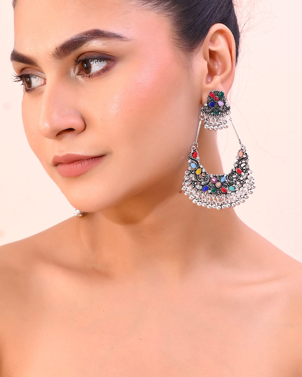 VOJ Silver plated Multi Colour Peacock Oxidized Contemporary Earrings