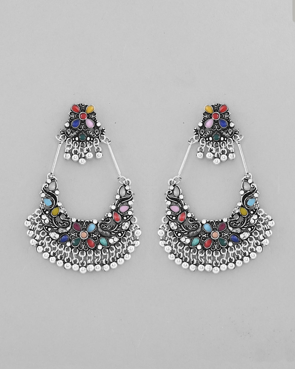 VOJ Silver plated Multi Colour Peacock Oxidized Contemporary Earrings