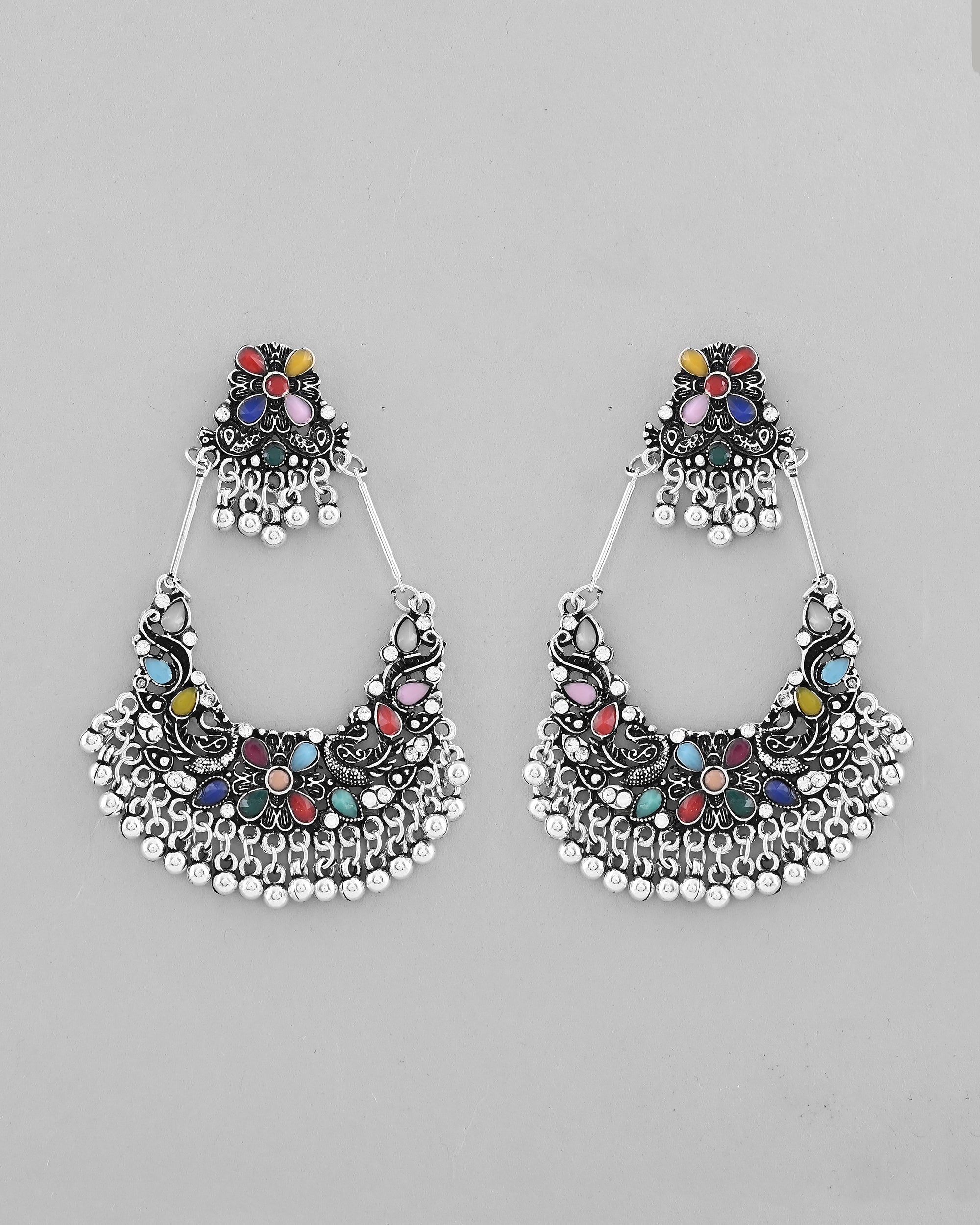 VOJ Silver plated Multi Colour Peacock Oxidized Contemporary Earrings