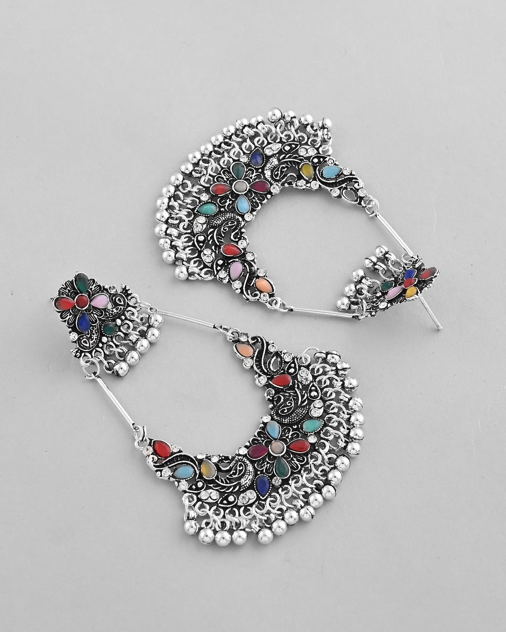 VOJ Silver plated Multi Colour Peacock Oxidized Contemporary Earrings