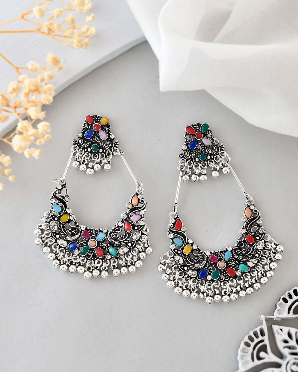 VOJ Silver plated Multi Colour Peacock Oxidized Contemporary Earrings