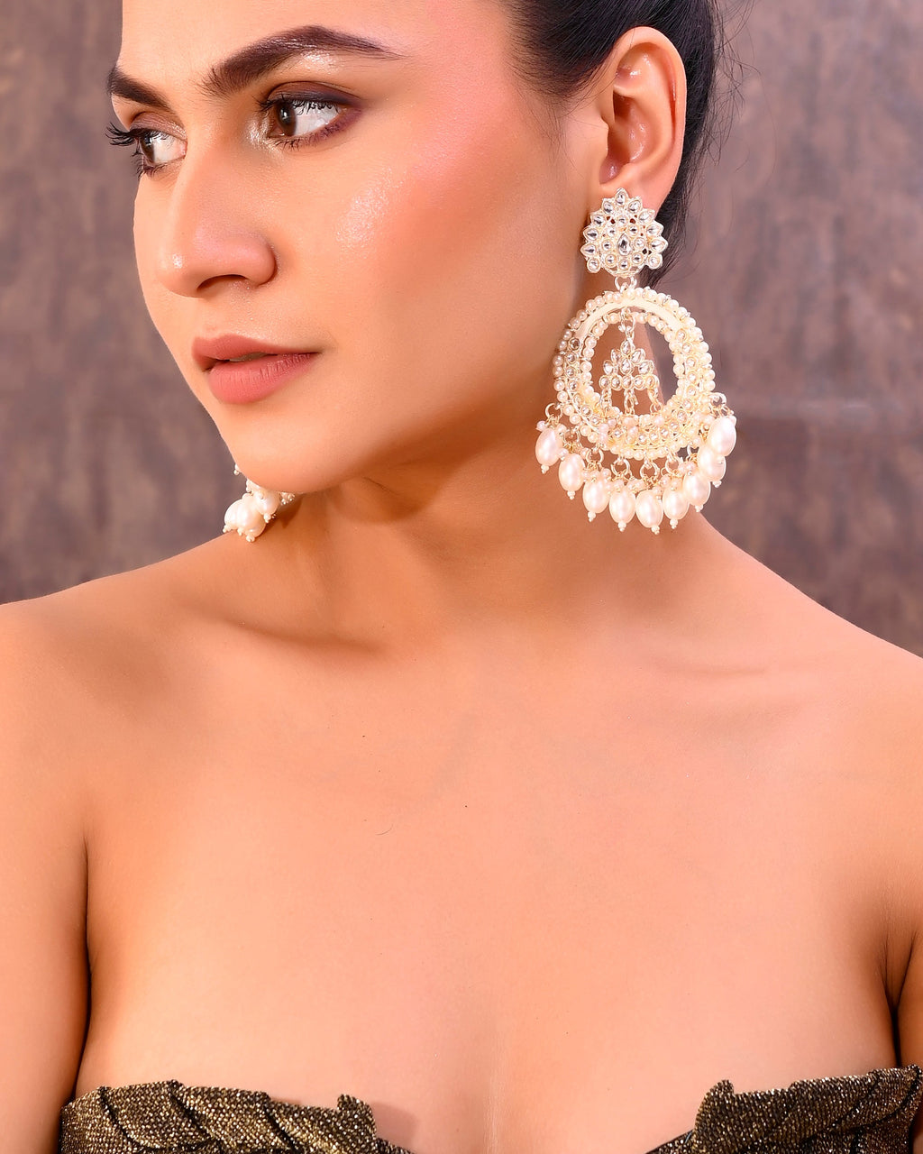 VOJ Gold-Polished Kundan Studded White ChandBali Earrings