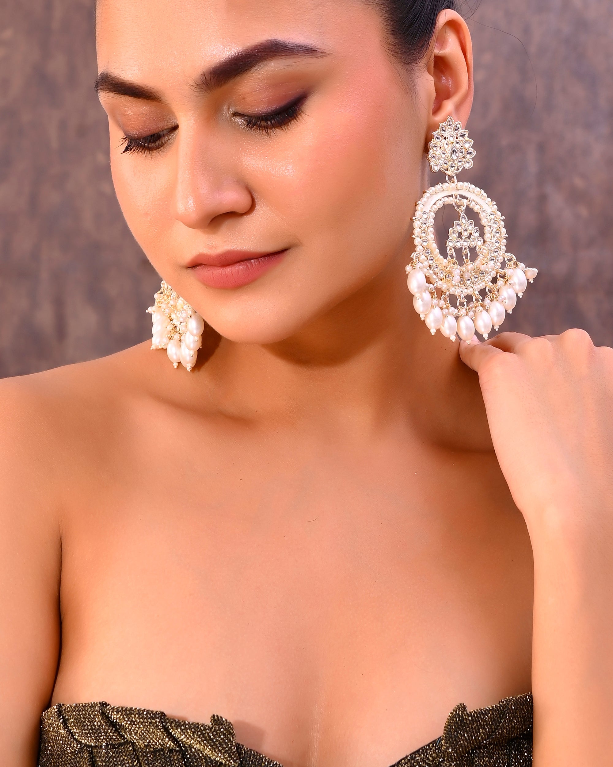 VOJ Gold-Polished Kundan Studded White ChandBali Earrings