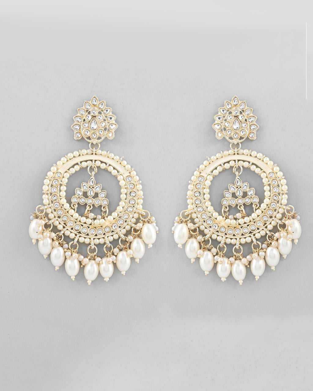 VOJ Gold-Polished Kundan Studded White ChandBali Earrings