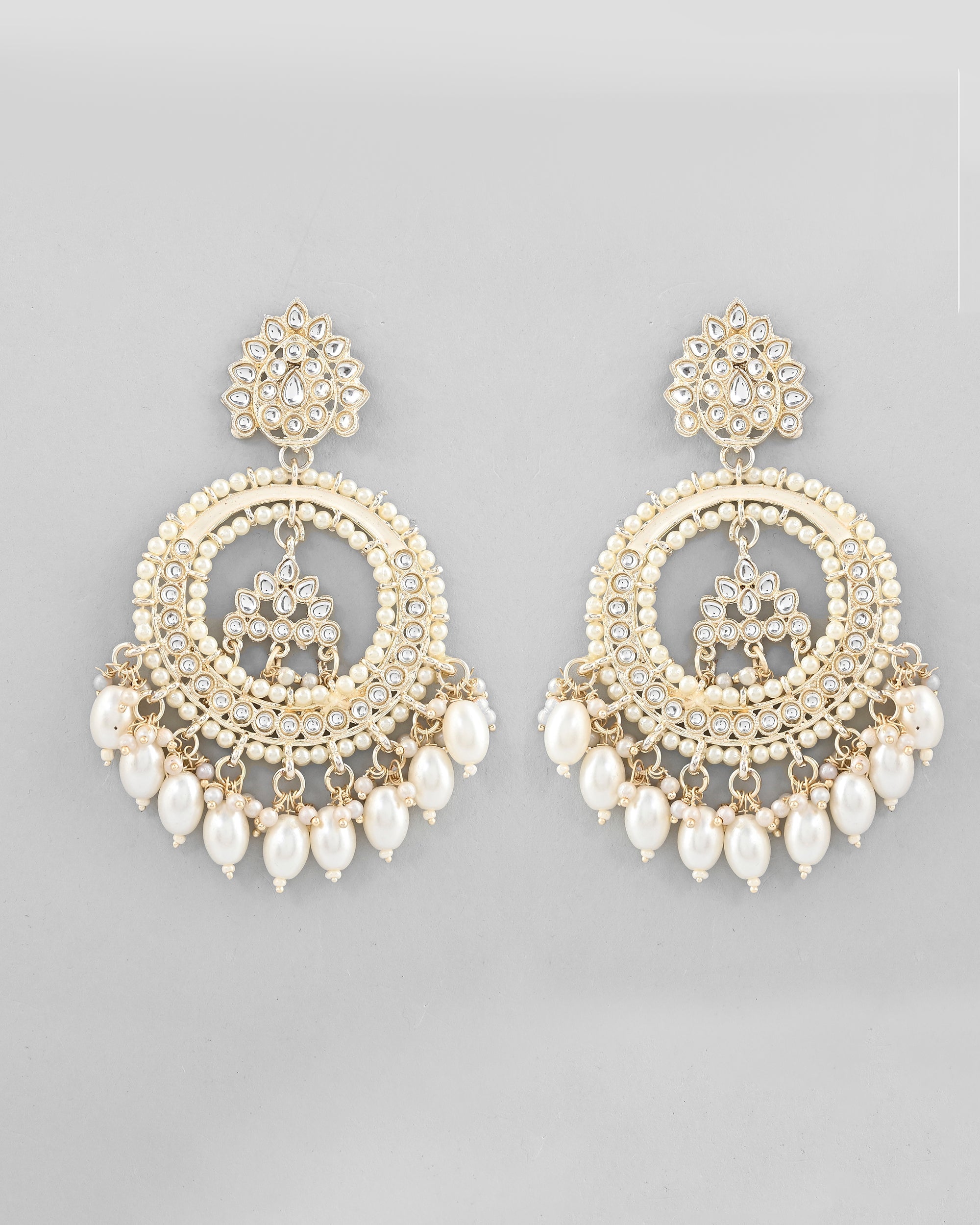 VOJ Gold-Polished Kundan Studded White ChandBali Earrings
