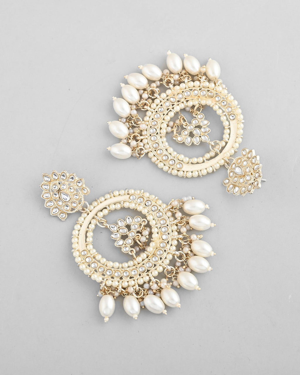 VOJ Gold-Polished Kundan Studded White ChandBali Earrings