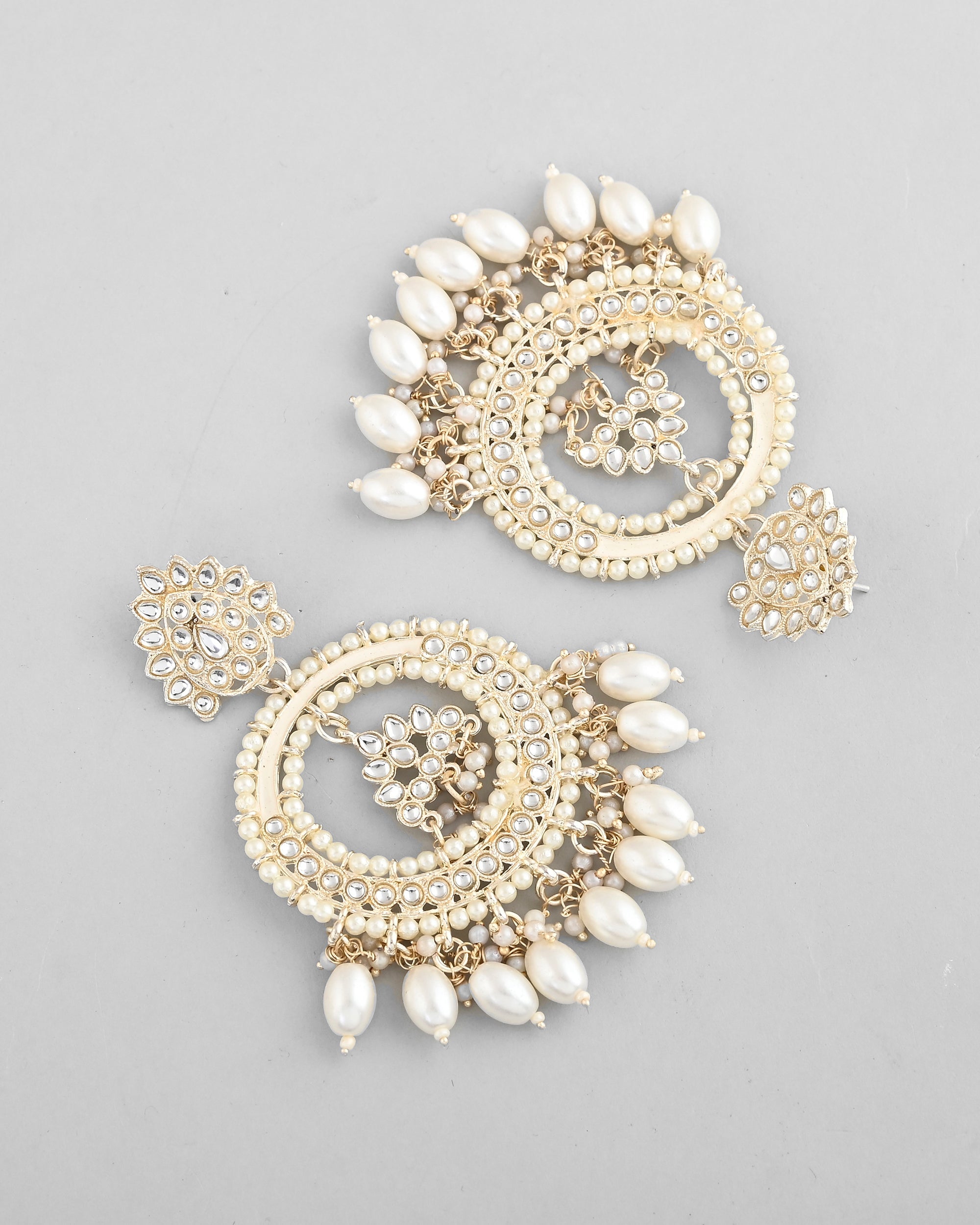 VOJ Gold-Polished Kundan Studded White ChandBali Earrings