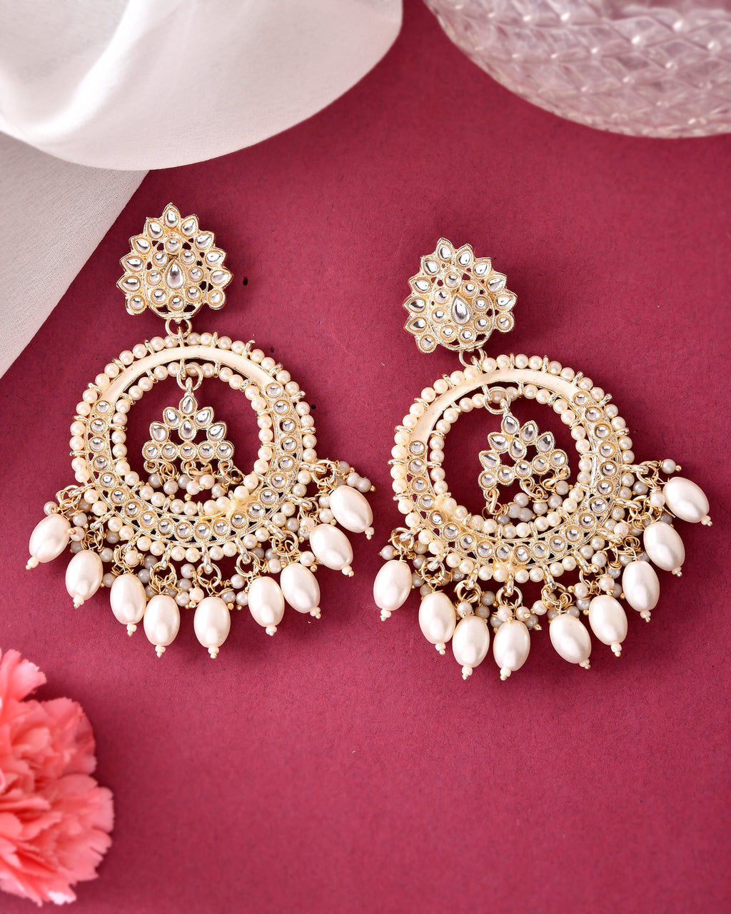 VOJ Gold-Polished Kundan Studded White ChandBali Earrings
