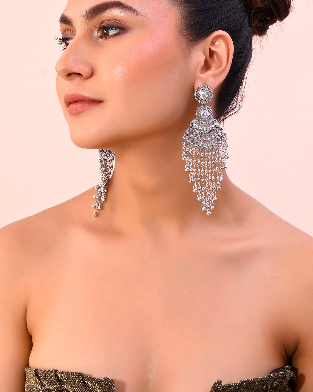 VOJ Silver-Plated Ghungroo Oxidized Drop Long Earrings