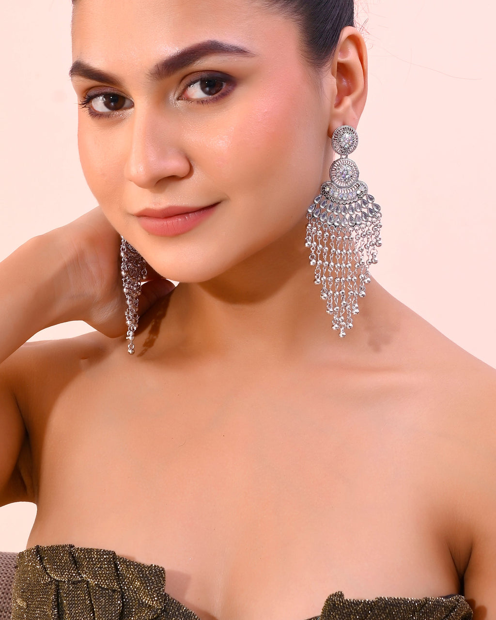 VOJ Silver-Plated Ghungroo Oxidized Drop Long Earrings