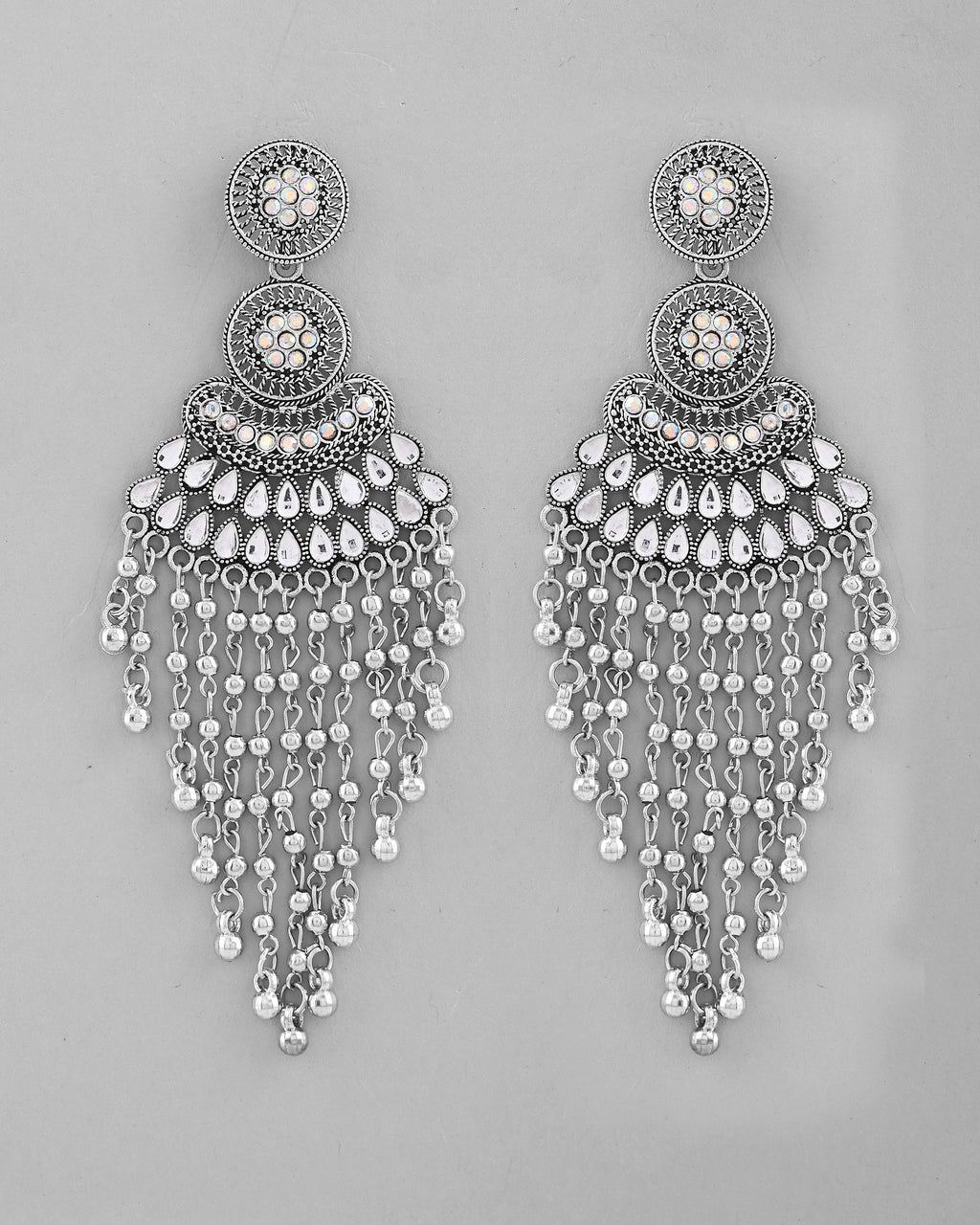 VOJ Silver-Plated Ghungroo Oxidized Drop Long Earrings