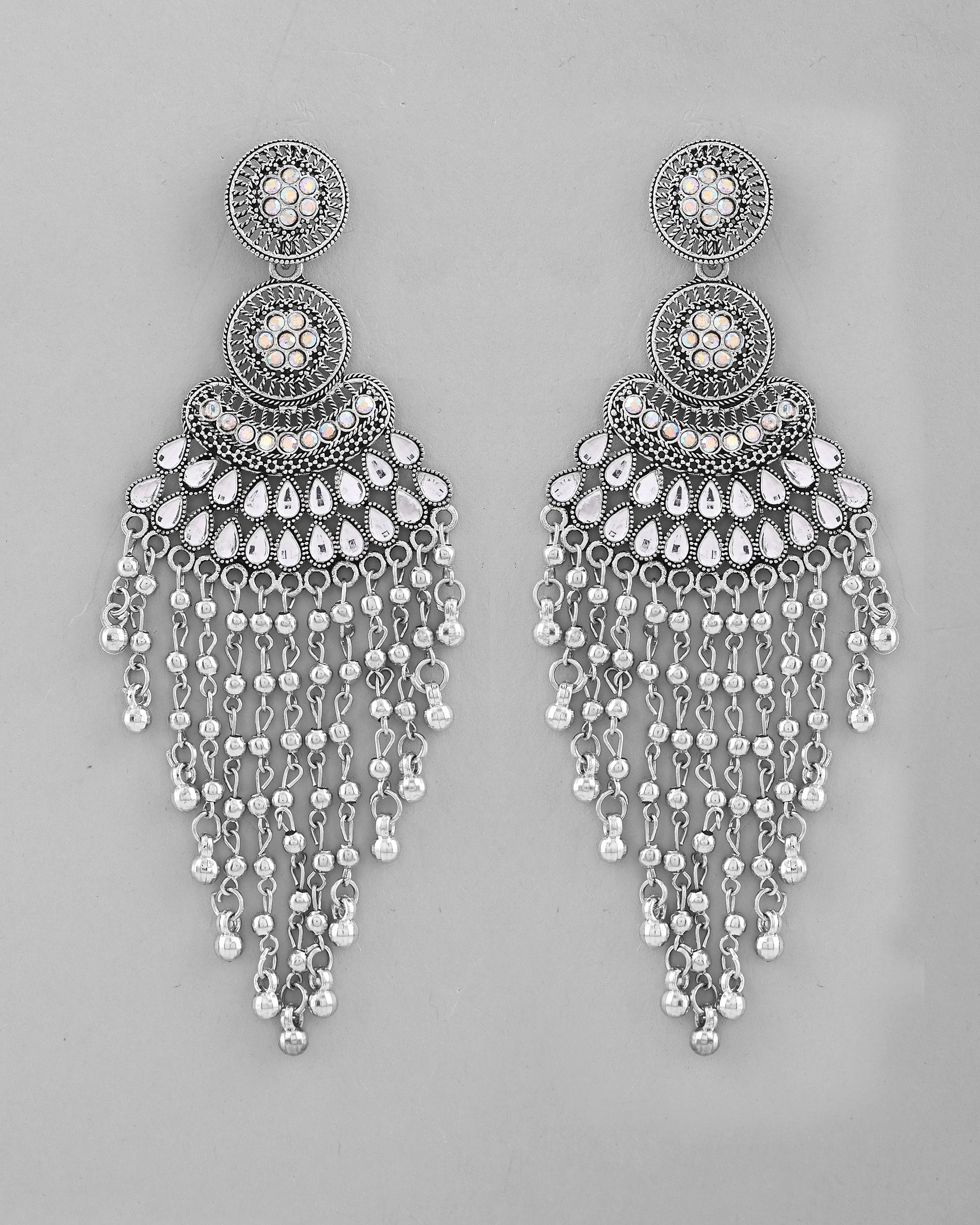 VOJ Silver-Plated Ghungroo Oxidized Drop Long Earrings