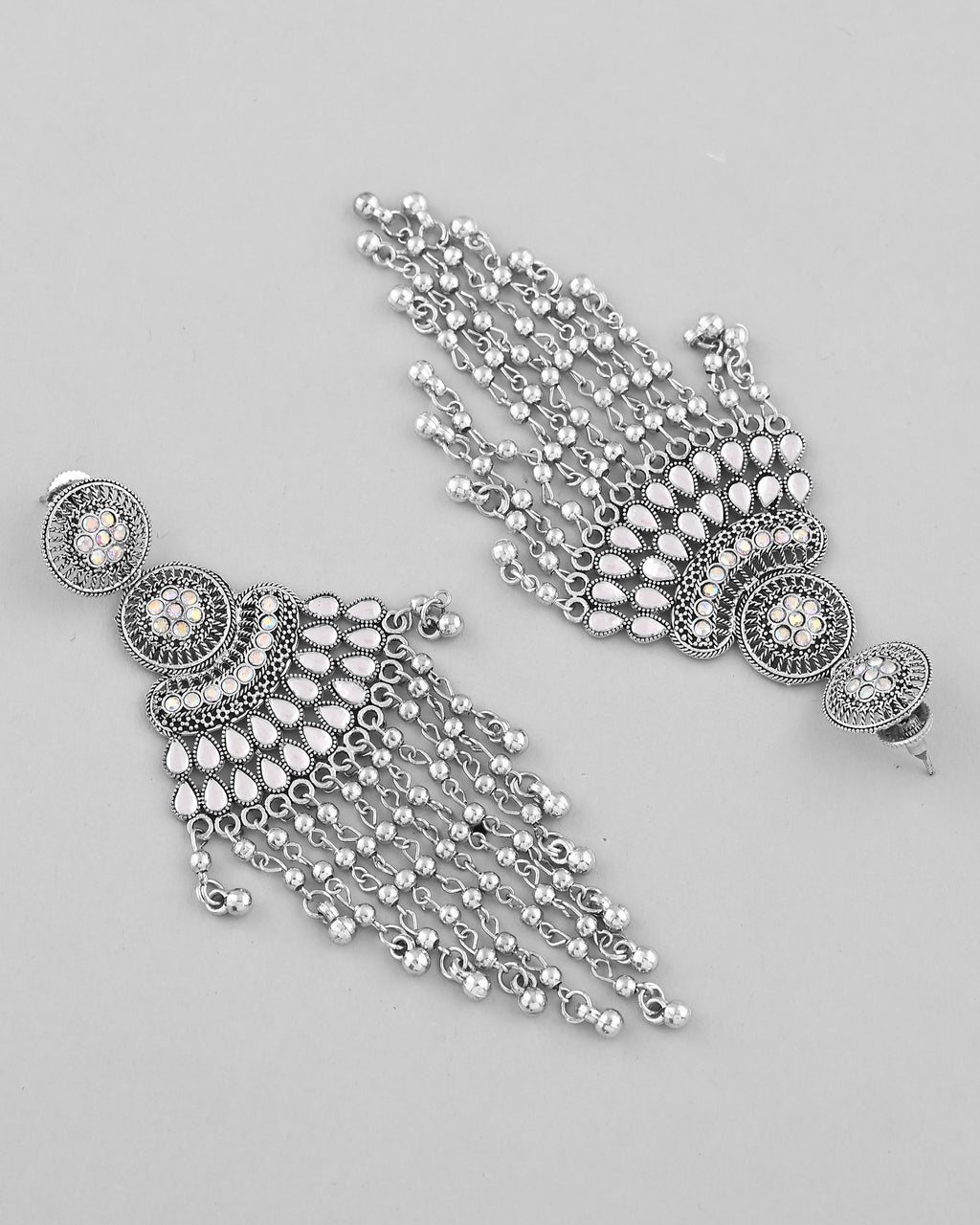 VOJ Silver-Plated Ghungroo Oxidized Drop Long Earrings