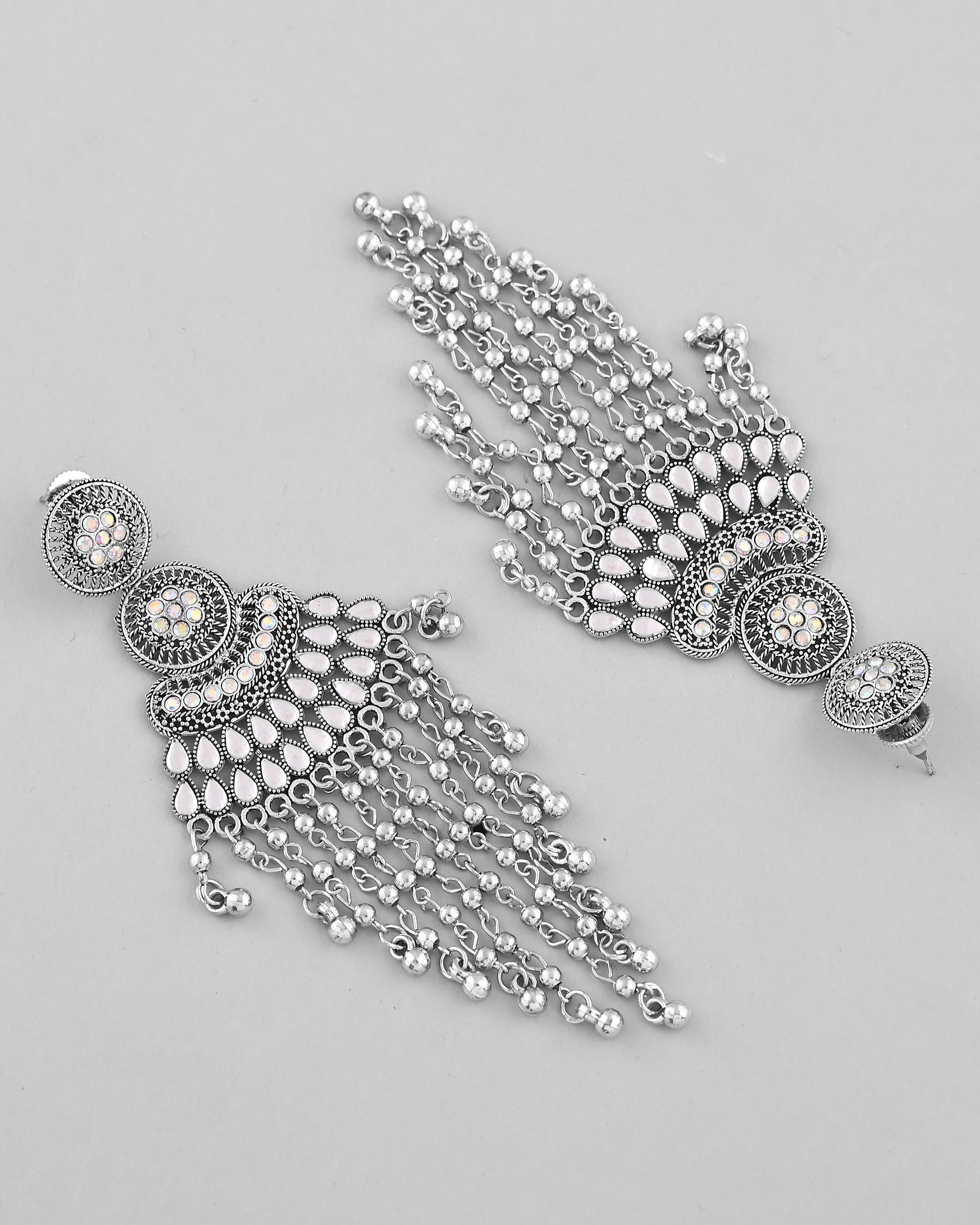 VOJ Silver-Plated Ghungroo Oxidized Drop Long Earrings