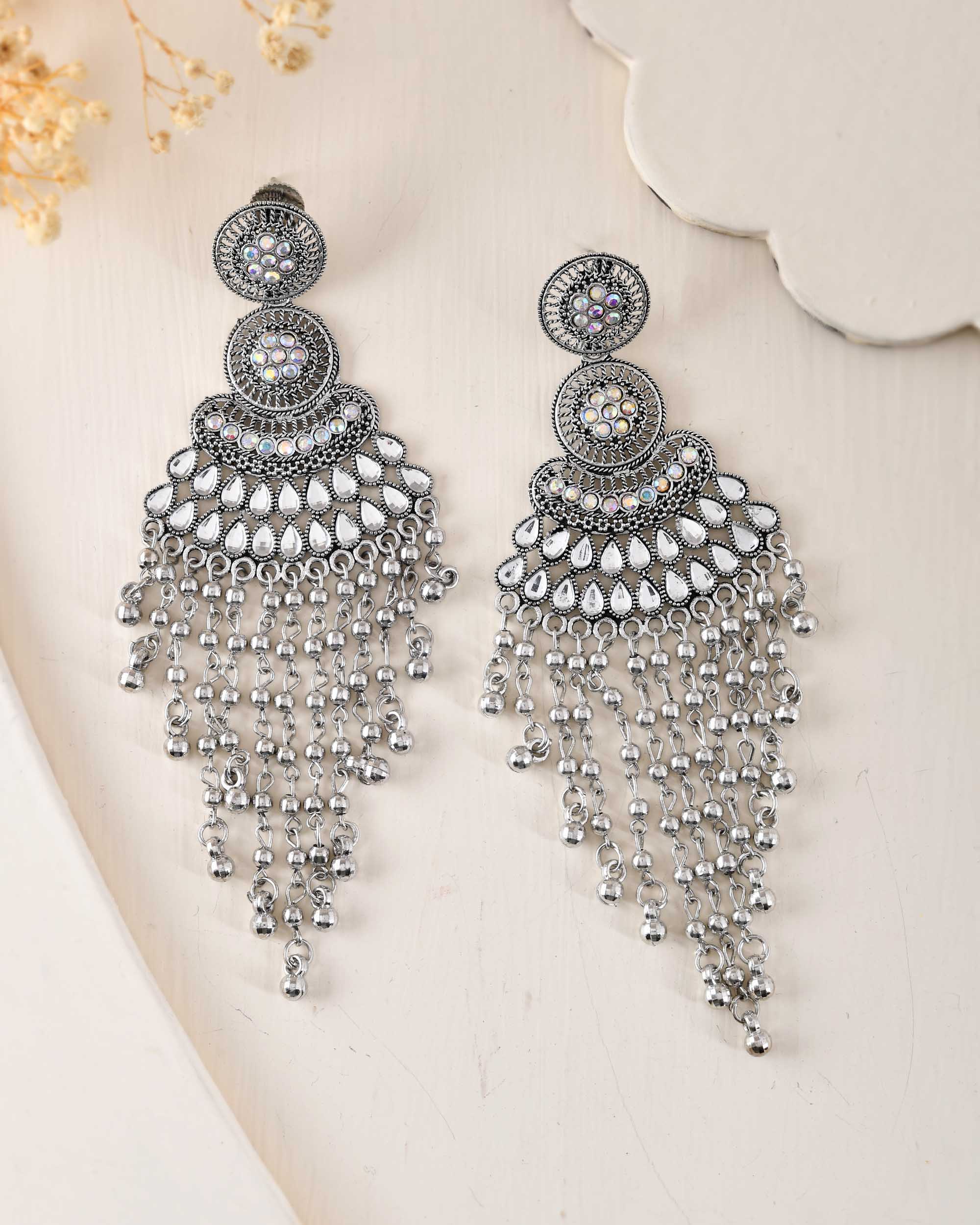 VOJ Silver-Plated Ghungroo Oxidized Drop Long Earrings