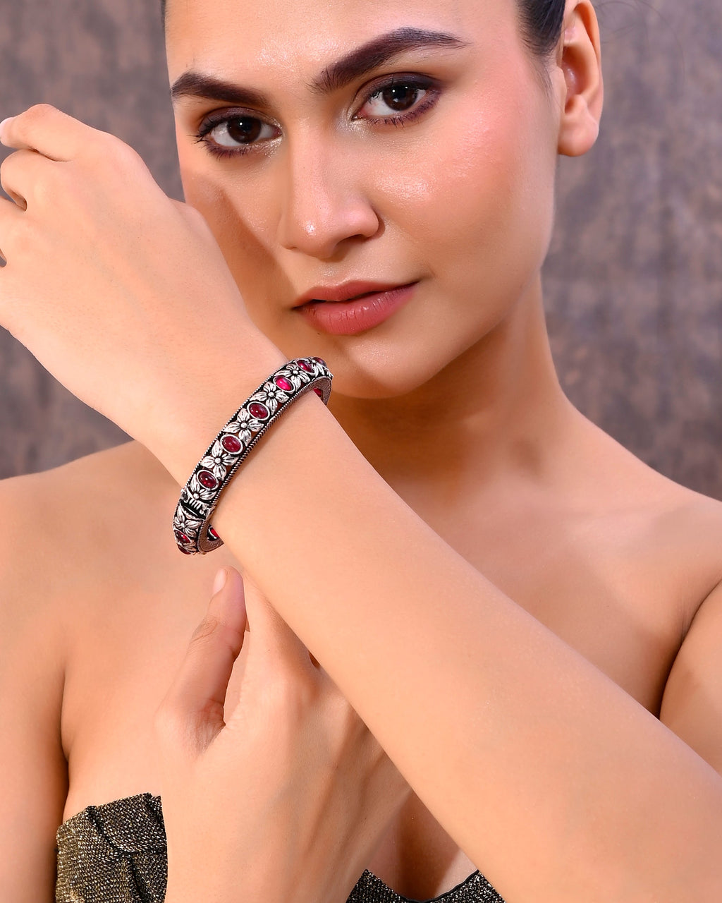VOJ Rhodium Plated Red Stone Studded Kada Bracelet