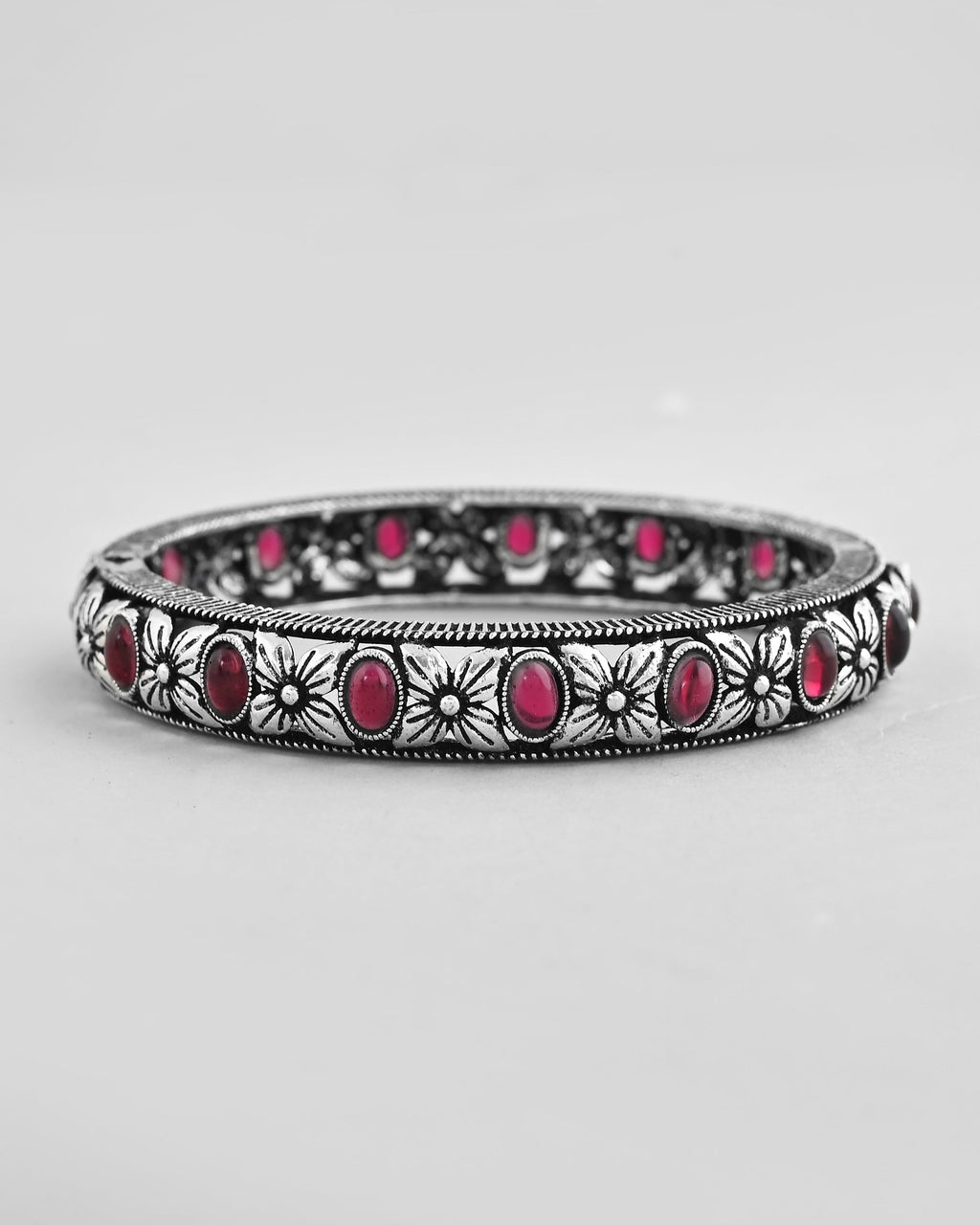 VOJ Rhodium Plated Red Stone Studded Kada Bracelet
