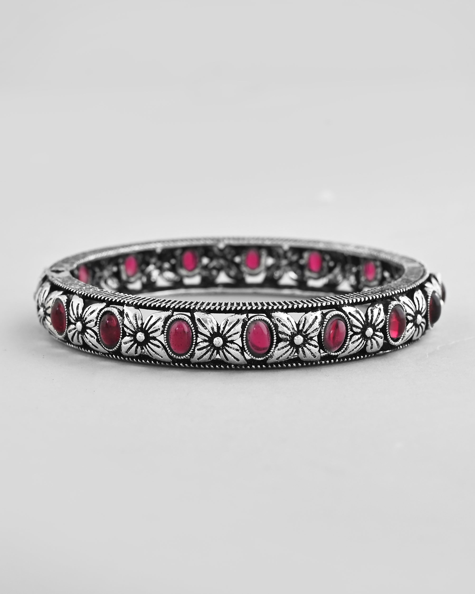 VOJ Rhodium Plated Red Stone Studded Kada Bracelet