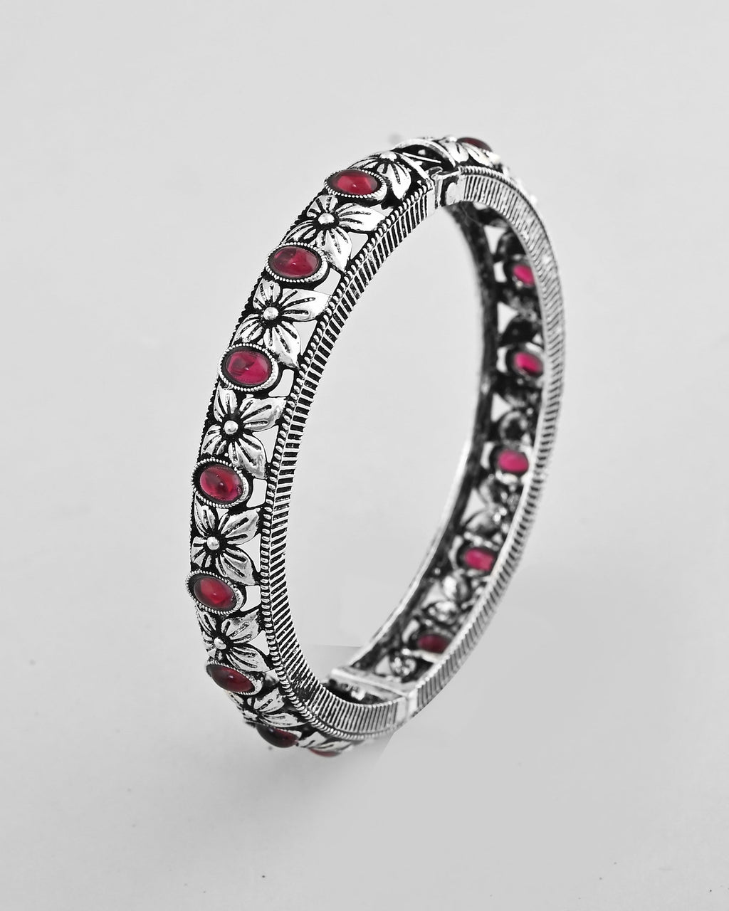VOJ Rhodium Plated Red Stone Studded Kada Bracelet