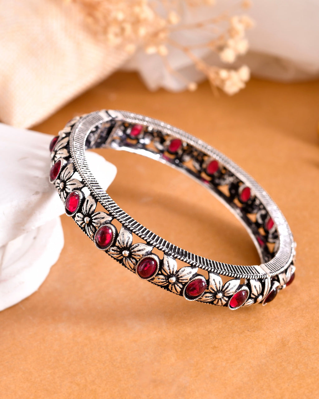 VOJ Rhodium Plated Red Stone Studded Kada Bracelet