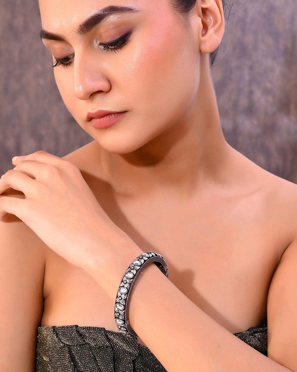 VOJ Rhodium Plated White Stone Studded Kada Bracelet