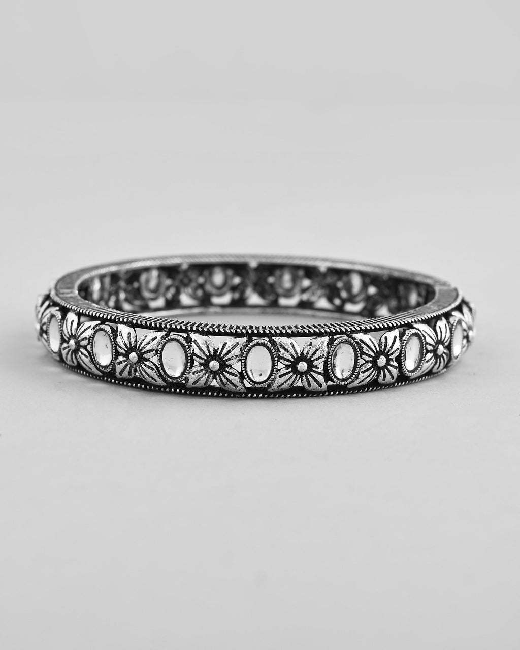 VOJ Rhodium Plated White Stone Studded Kada Bracelet