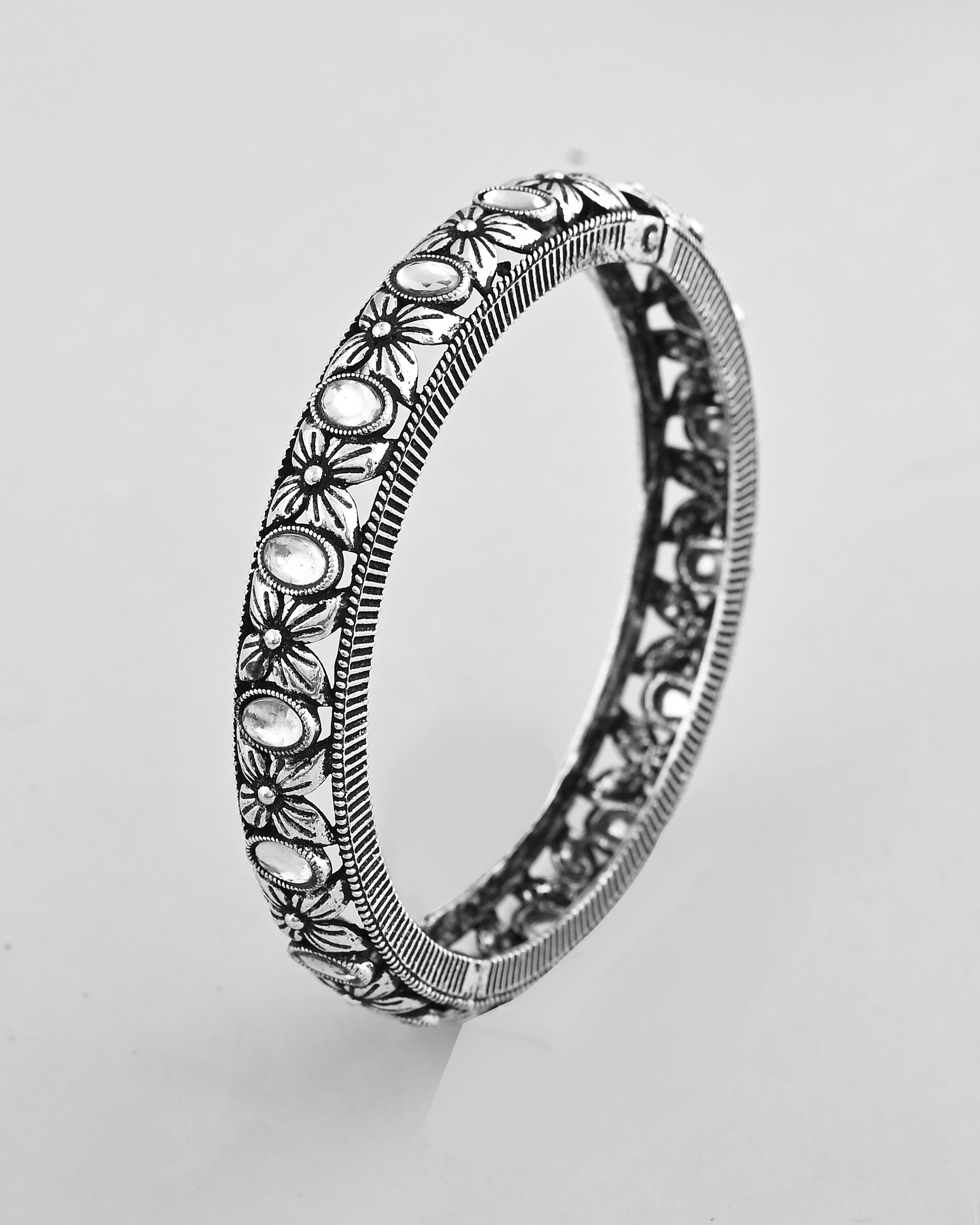 VOJ Rhodium Plated White Stone Studded Kada Bracelet