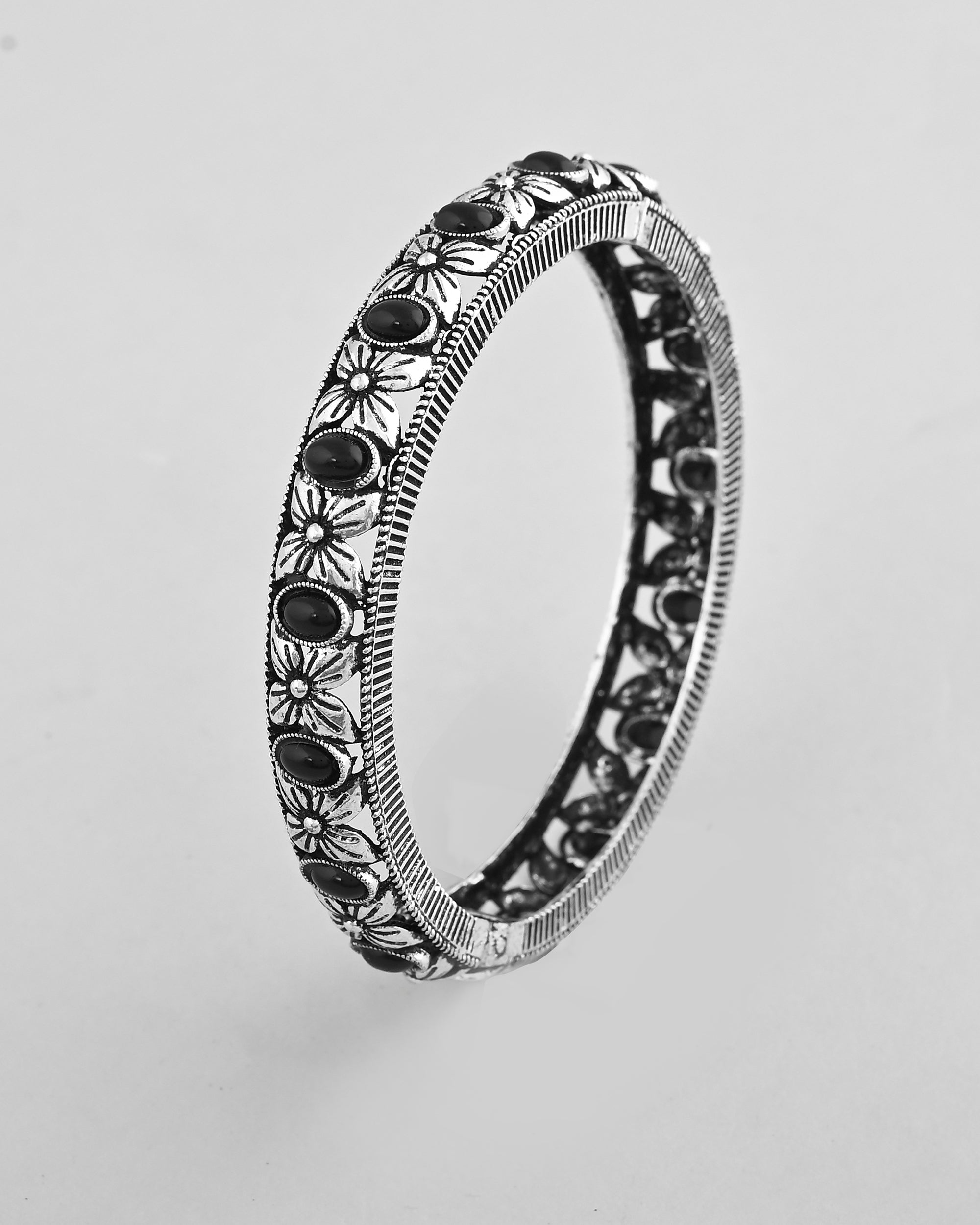 VOJ Rhodium Plated Black Stone Studded Kada Bracelet