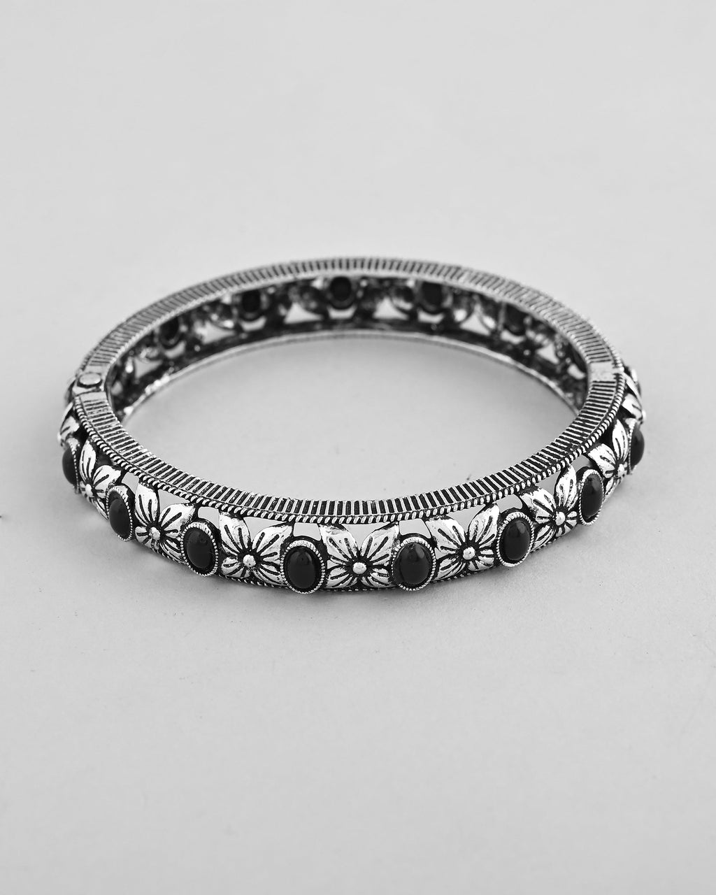 VOJ Rhodium Plated Black Stone Studded Kada Bracelet