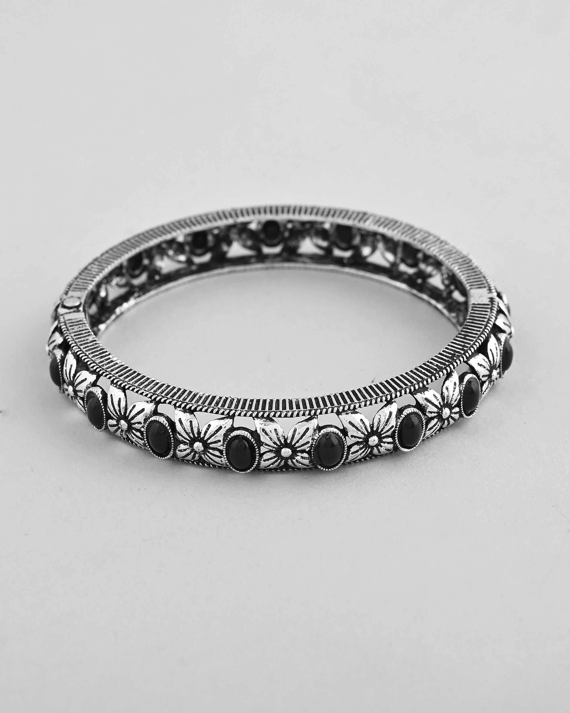 VOJ Rhodium Plated Black Stone Studded Kada Bracelet