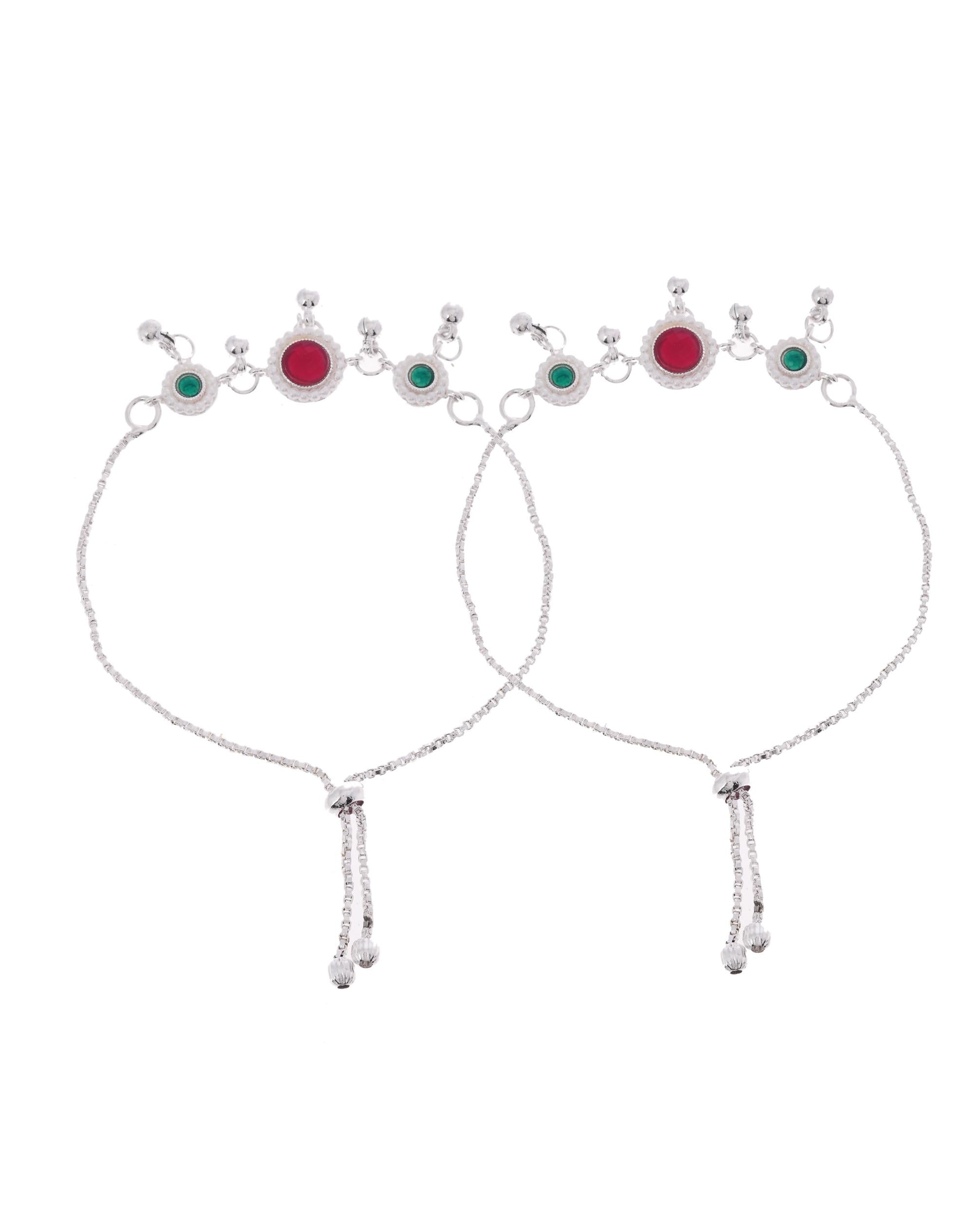 VOJ Set of 2 Silver-Plated Artificial Stones And Beads Anklet