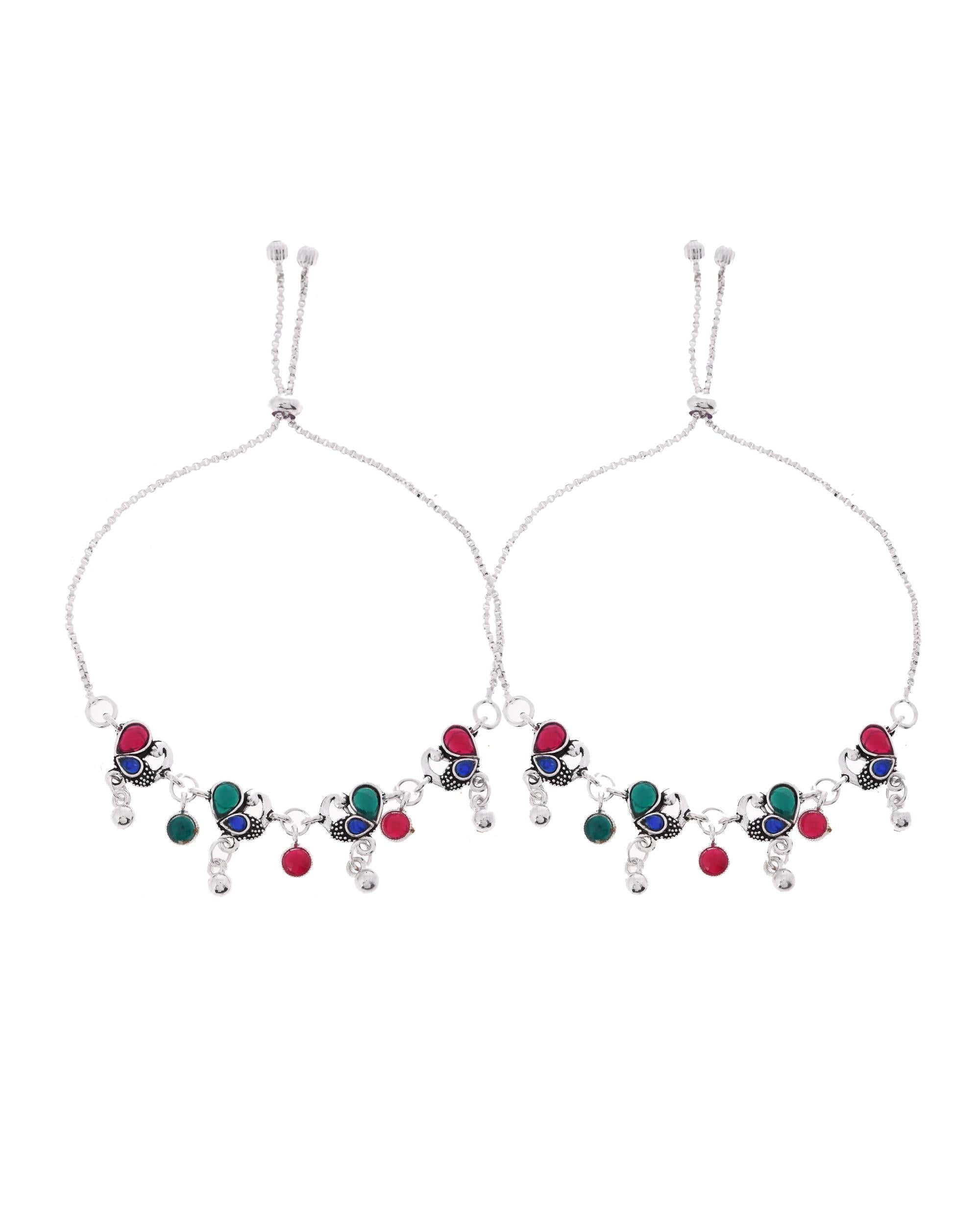 VOJ Set of 2 Silver-Plated Peacock Shaped Artificial Stones Anklet