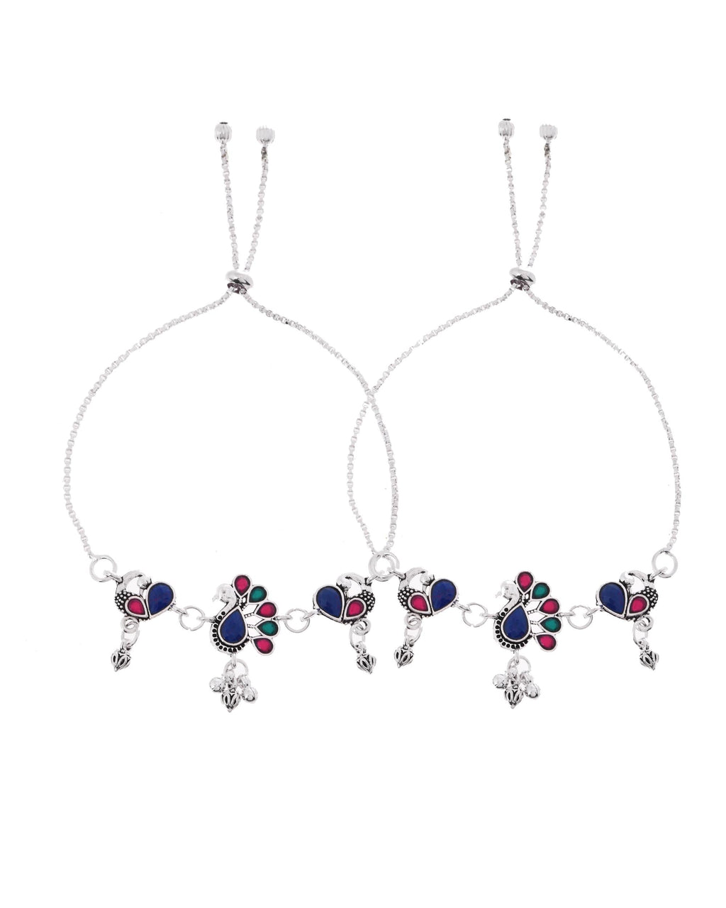 VOJ Set of 2 Silver-Plated Peacock Shaped Stone Studded Anklet