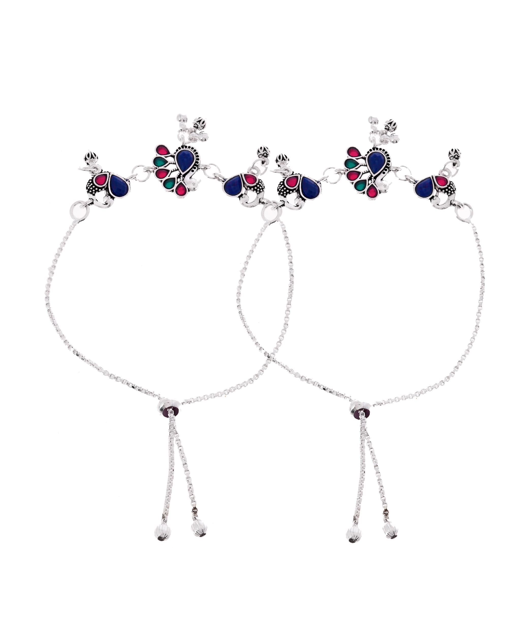 VOJ Set of 2 Silver-Plated Peacock Shaped Stone Studded Anklet