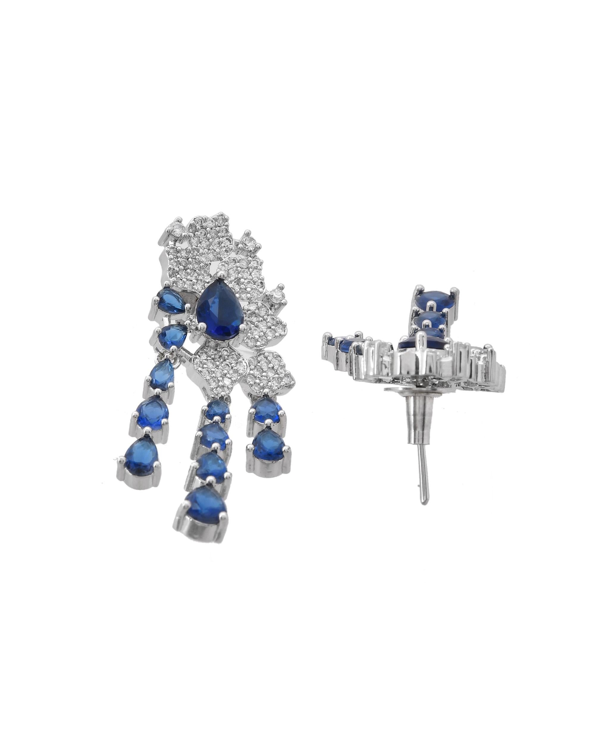 VOJ Silver Plated Ad And Blue Stone Studded Multi Layer Drop Earrings
