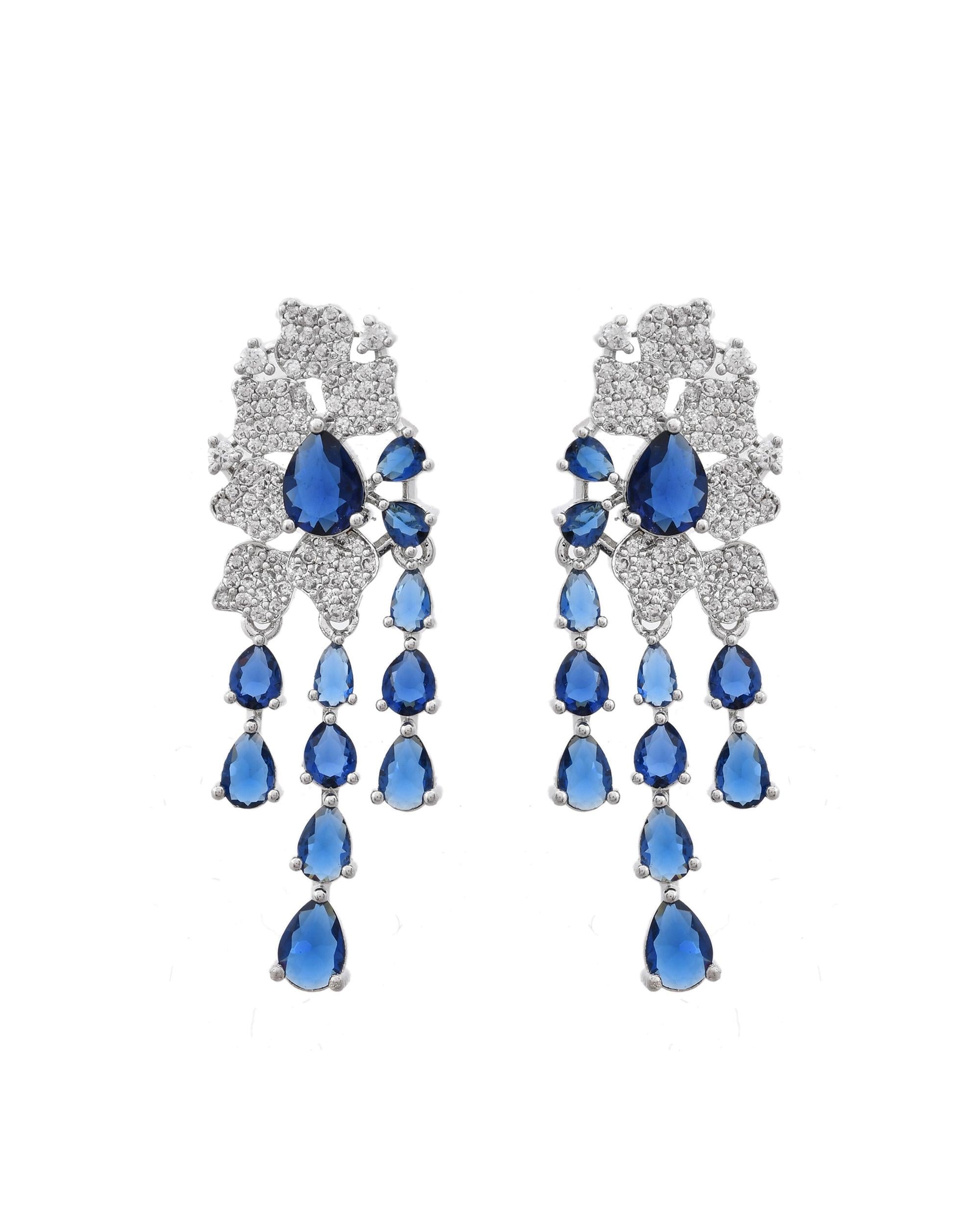 VOJ Silver Plated Ad And Blue Stone Studded Multi Layer Drop Earrings