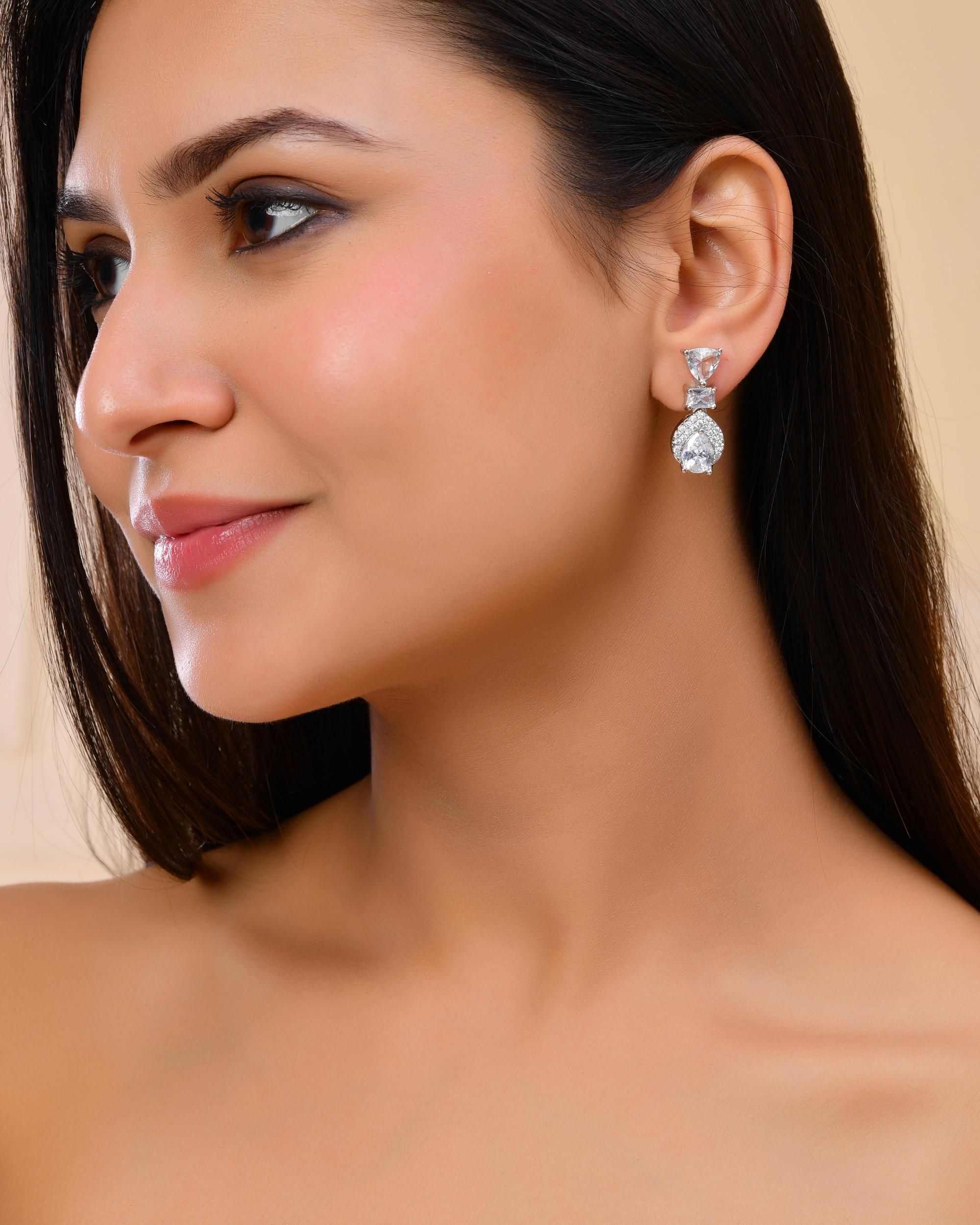 VOJ Silver Plated Ad Stone Studded Drop Earrings
