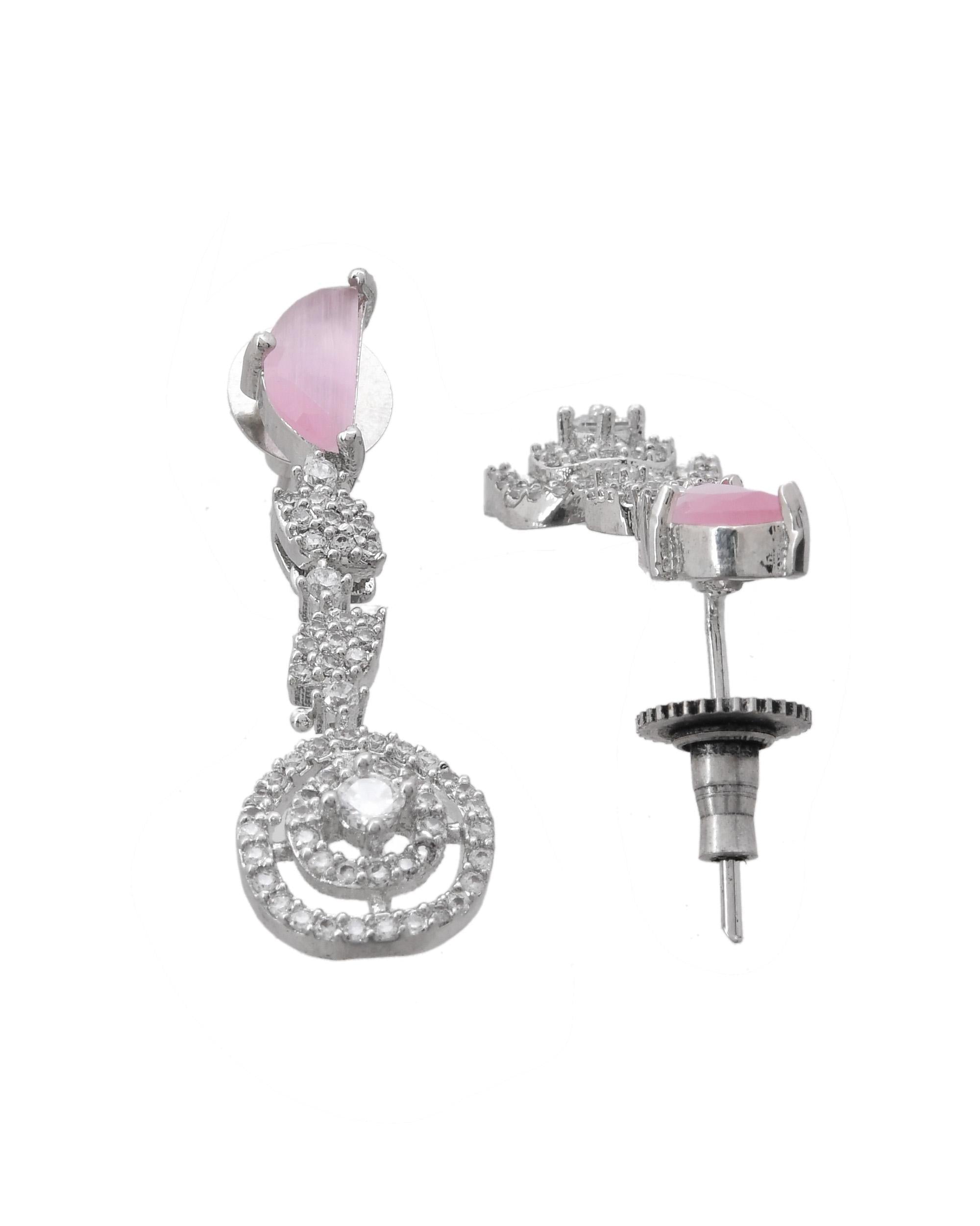 VOJ Silver Plated Pink And Ad Stone Studded Drop Earrings